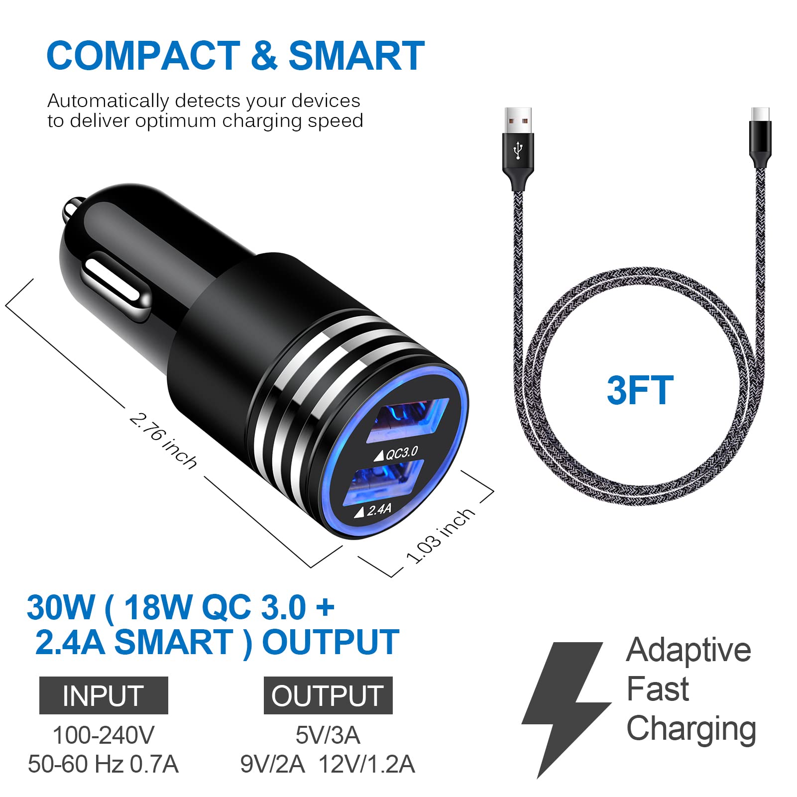 Caricabatteria da auto tipo C per Samsung Galaxy S22/S22 Plus/S22 Ultra/S21 S20 FE Z Flip 3 A03S A13 A02S A12 A32 A52 A10E A50 A51 A71 S10 S9 S8, Quick Charge 3.0 Rapid Car Adattatore+0