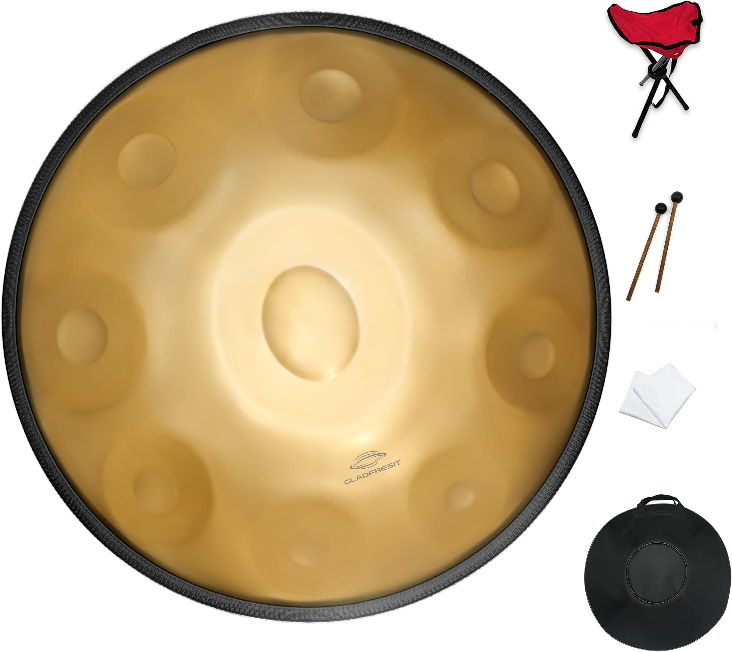 - GLADFRESIT Handpan Drum 22inch in D Kurd Minor with handpan stand, handpan case, durable mallets and dust-free cloth (Gold, 432HZ)