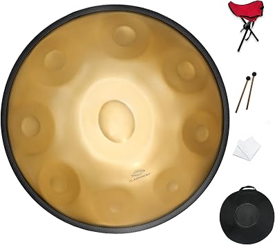 GLADFRESIT Handpan Drum 22inch in D Kurd Minor with handpan stand, handpan case, durable mallets and dust-free cloth Gold, 432HZ