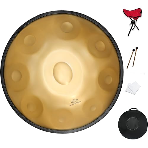 GLADFRESIT Handpan Drum 22inch in D Kurd Minor with handpan stand, handpan case, durable mallets and dust-free cloth (Gold, 440HZ)