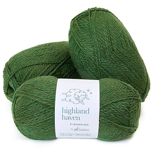 Highland Haven - 100% Highland Wool Yarn Set of 3 Skeins (150 Grams) Fingering Weight - Sourced Directly from Peru - Heavenly Soft and Perfect for Knitting and Crocheting (Fingering, Fern Heather) - Fingering - Fern Heather