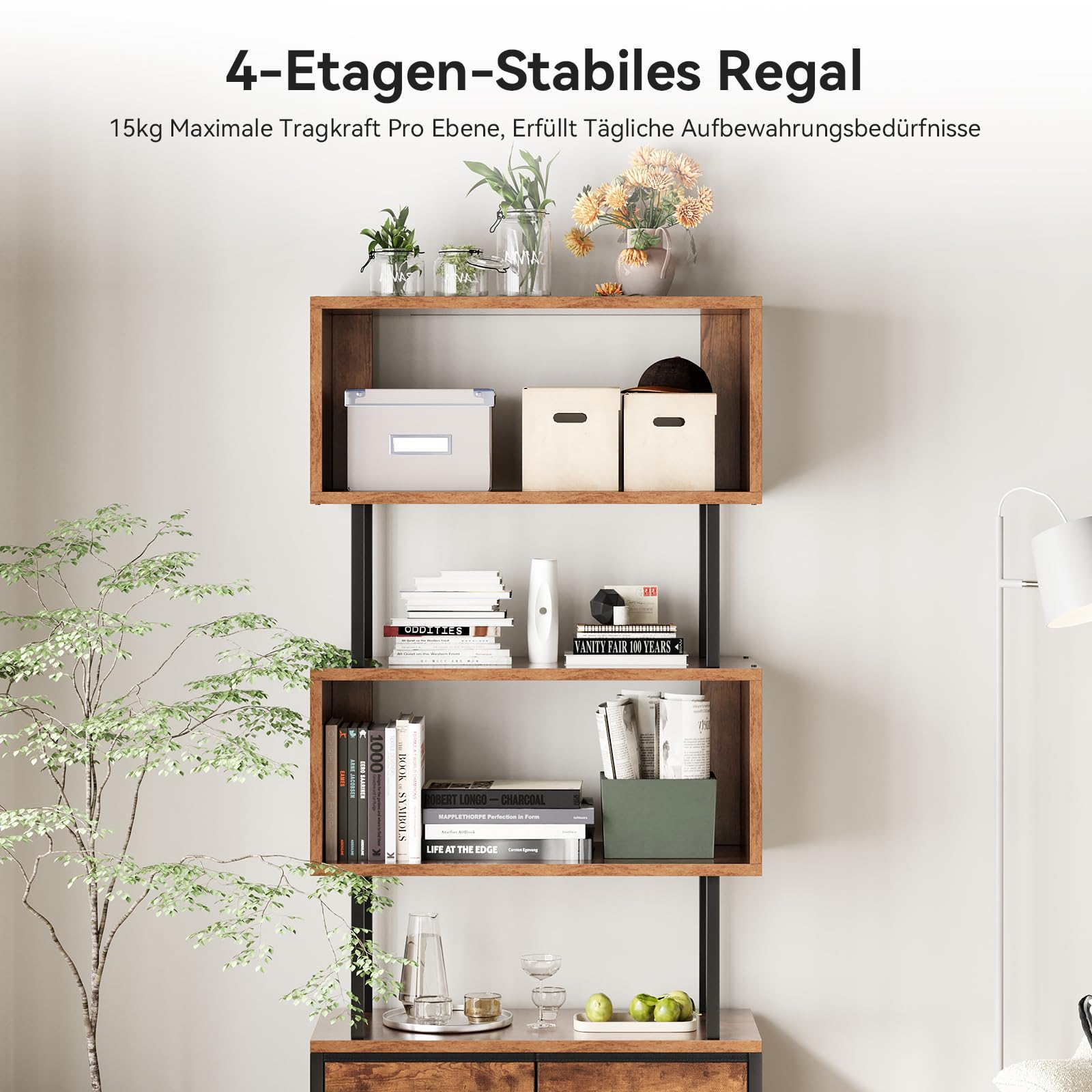 Coleshome 5-Etagen Bücherregal Schmal 3 Schubladen, Standregal, Vintage | Einfache Montage Kompakt Offene Regale Kippschutz Kratzfest Aufbewahrung Wohnzimmer Schlafzimmer Büro Geräuschlos