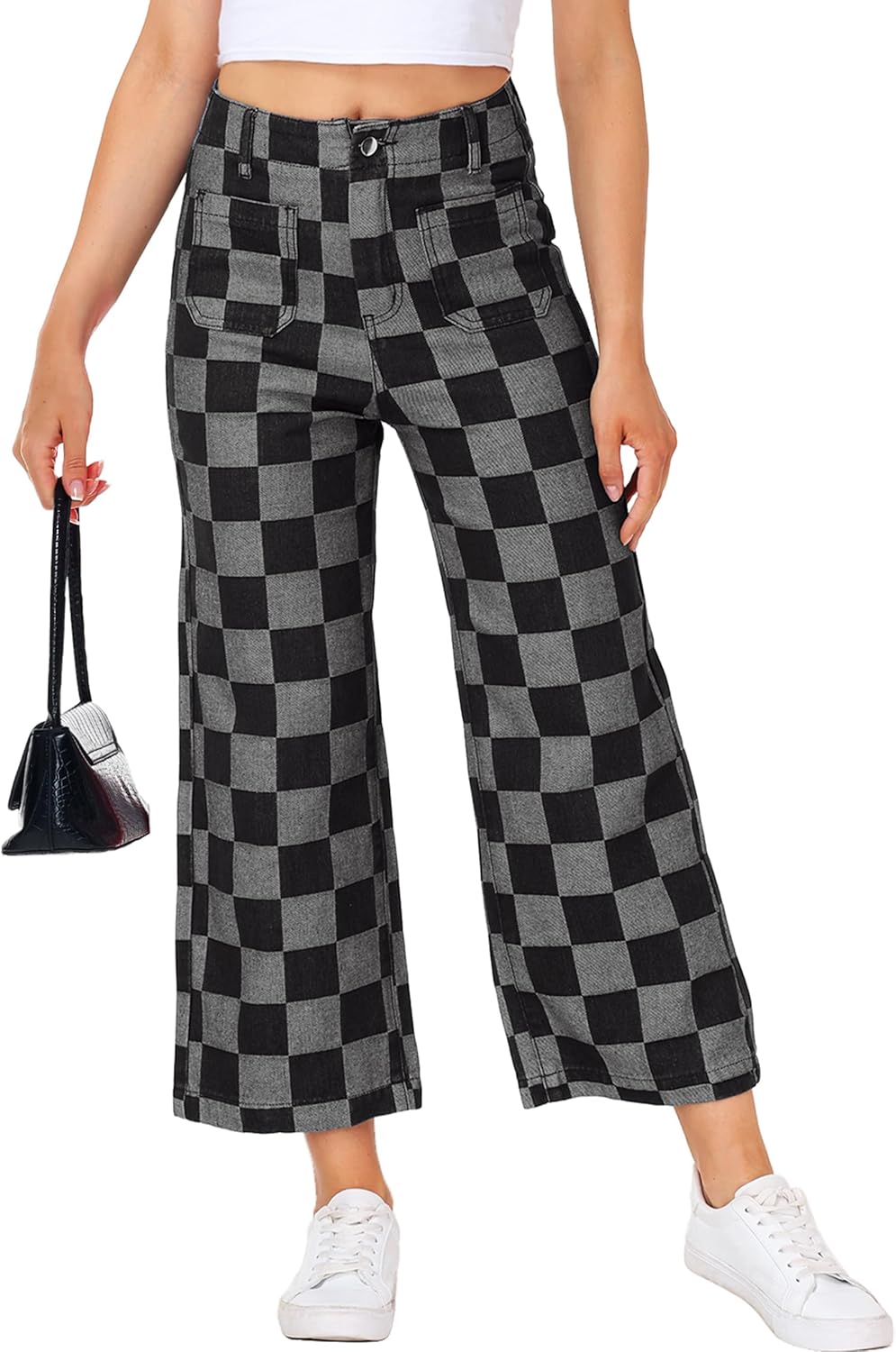 Women Checkered Cropped Jeans Straight Leg Stretchy Denim Pants with Pockets