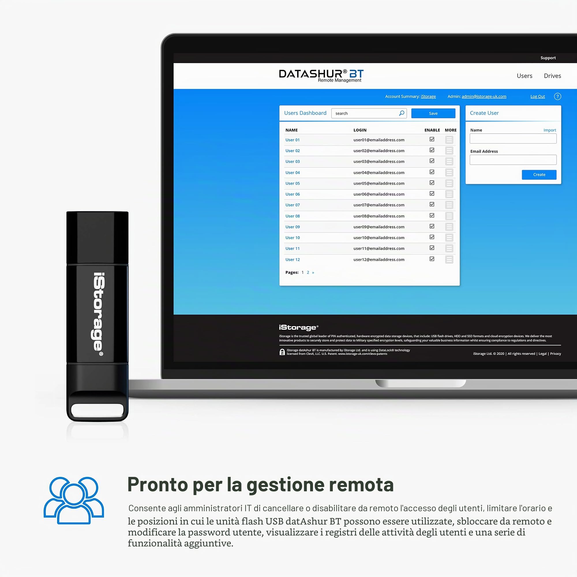 iStorage datAshur BT 64GB - Unità flash USB sicura crittografata - Sblocco smartphone tramite Bluetooth - Certificazione FIPS 140-2 Livello 3 - Pronta per la gestione remota