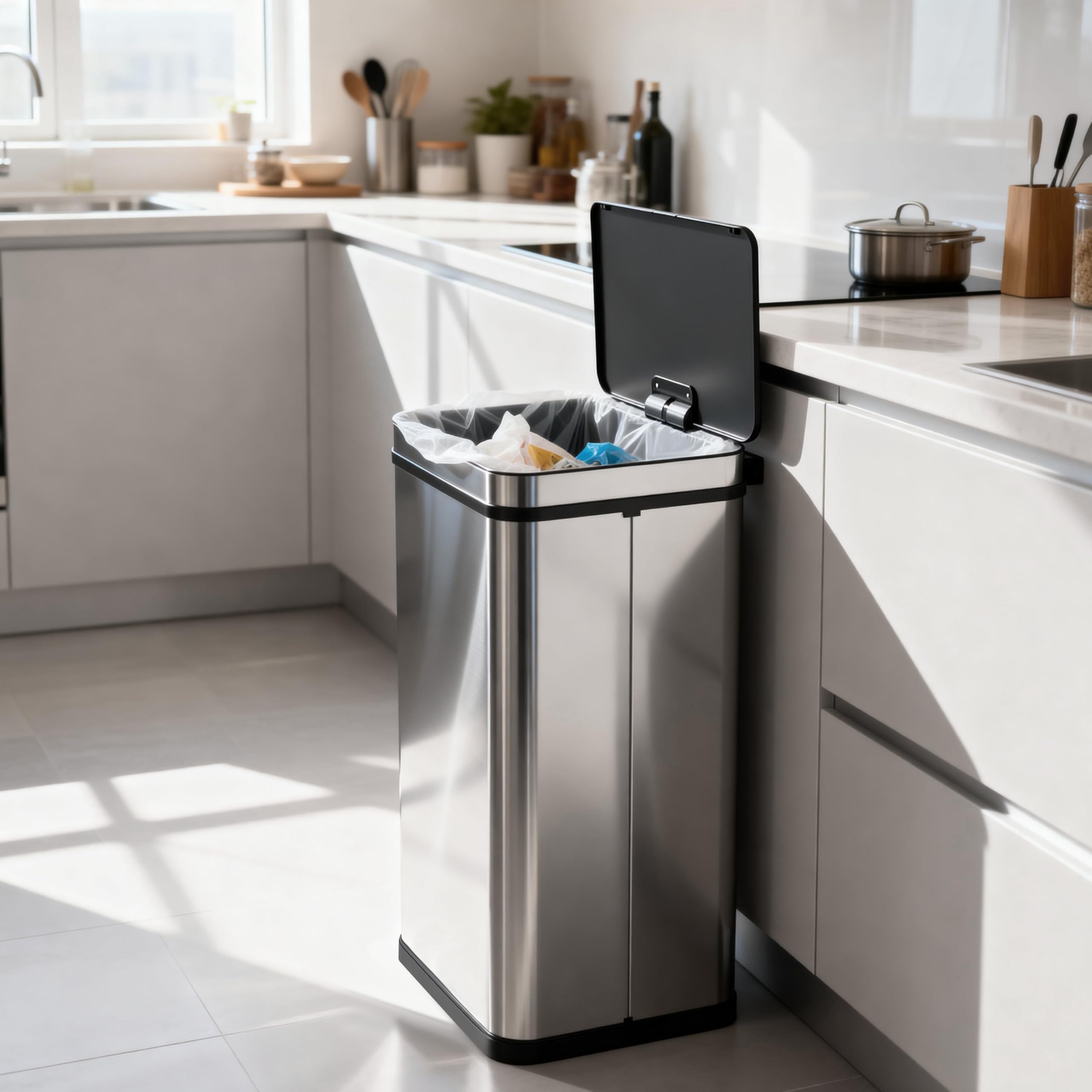 Ribelli Edelstahl Mülleimer 70 Liter - Abfalleimer mit Sensor - Automatisches Öffnen und Schließen - Küchenmülleimer mit LED-Funktionsanzeige, Silber
