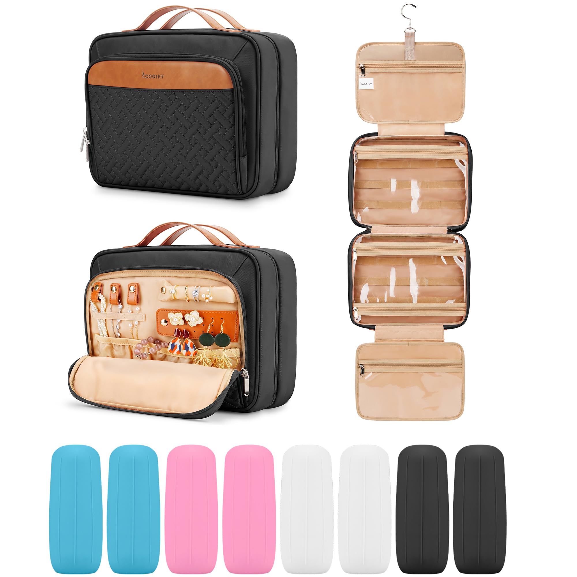 Travel Hanging Toiletry Bag for Women and Men, with 6 Leak Proofing Silicone Bottle Covers, Waterproof Makeup Accessories, Cosmetic Essentials, Toiletries Dopp Kit Set with Jewelry Organizer, Black