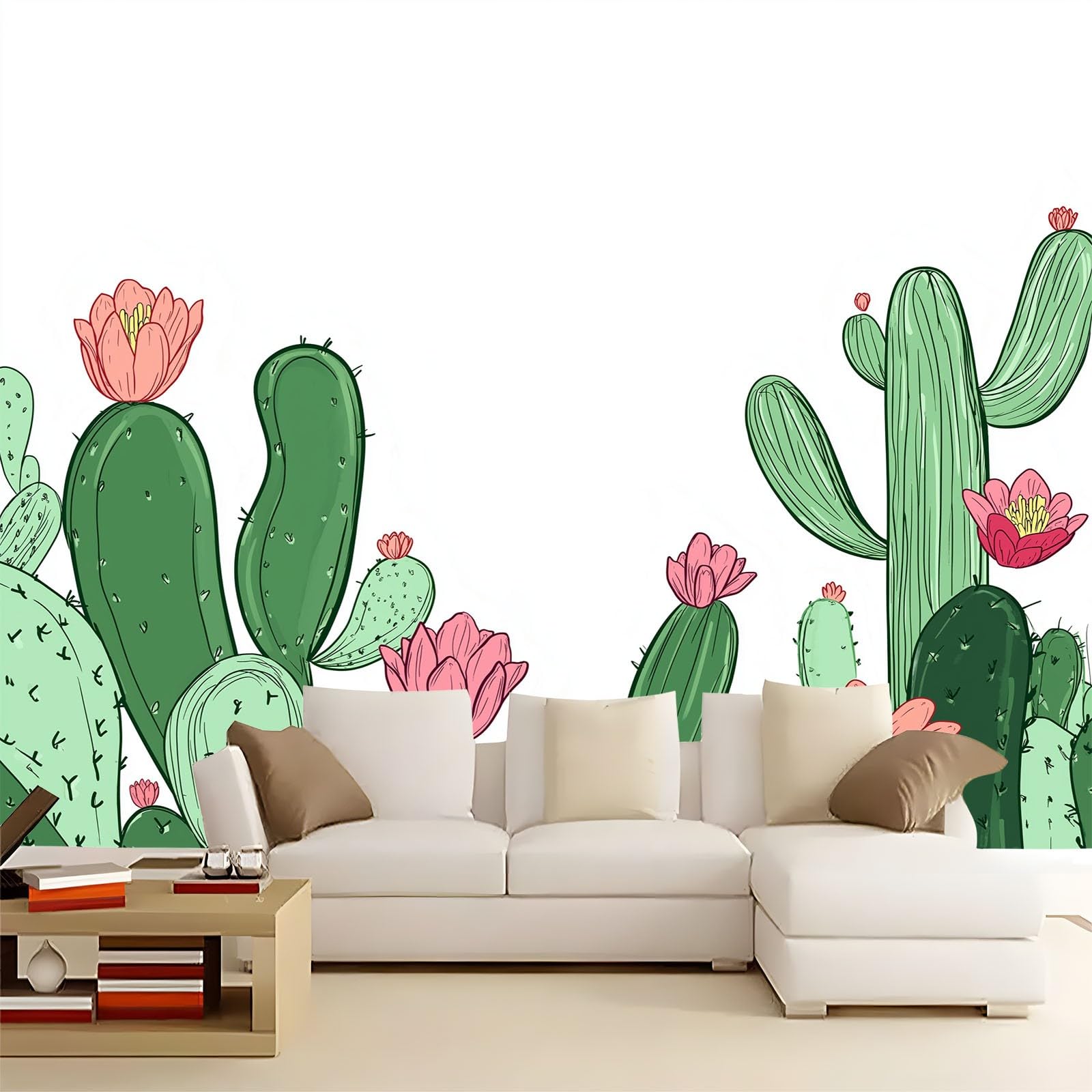 Panoramiczna tapeta botaniczna, 350 x 256 cm, ręcznie rysowana tapeta z kreskówki kaktus zielony kwiatowy XXL - plakat ścienny do salonu, sypialni dorosłych, pokoju dziecięcego i biura