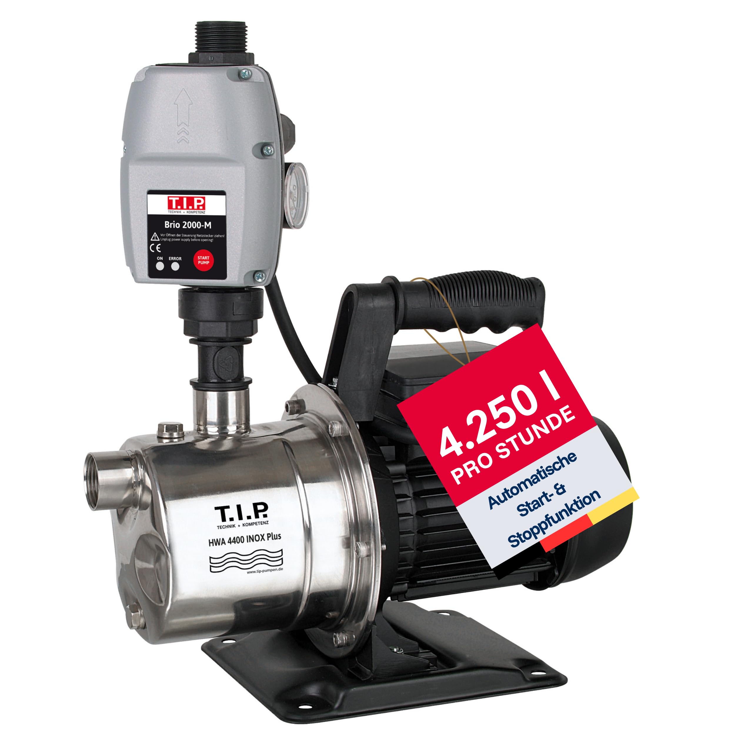 T.I.P. Edelstahl Hauswasserautomat - 4250 l/h Kapazität, 44 m Förderhöhe, 900 W Power, Automatiksteuerung - Ideal für druckabhängige Wasserversorgung, HWA 4400 INOX, 31192