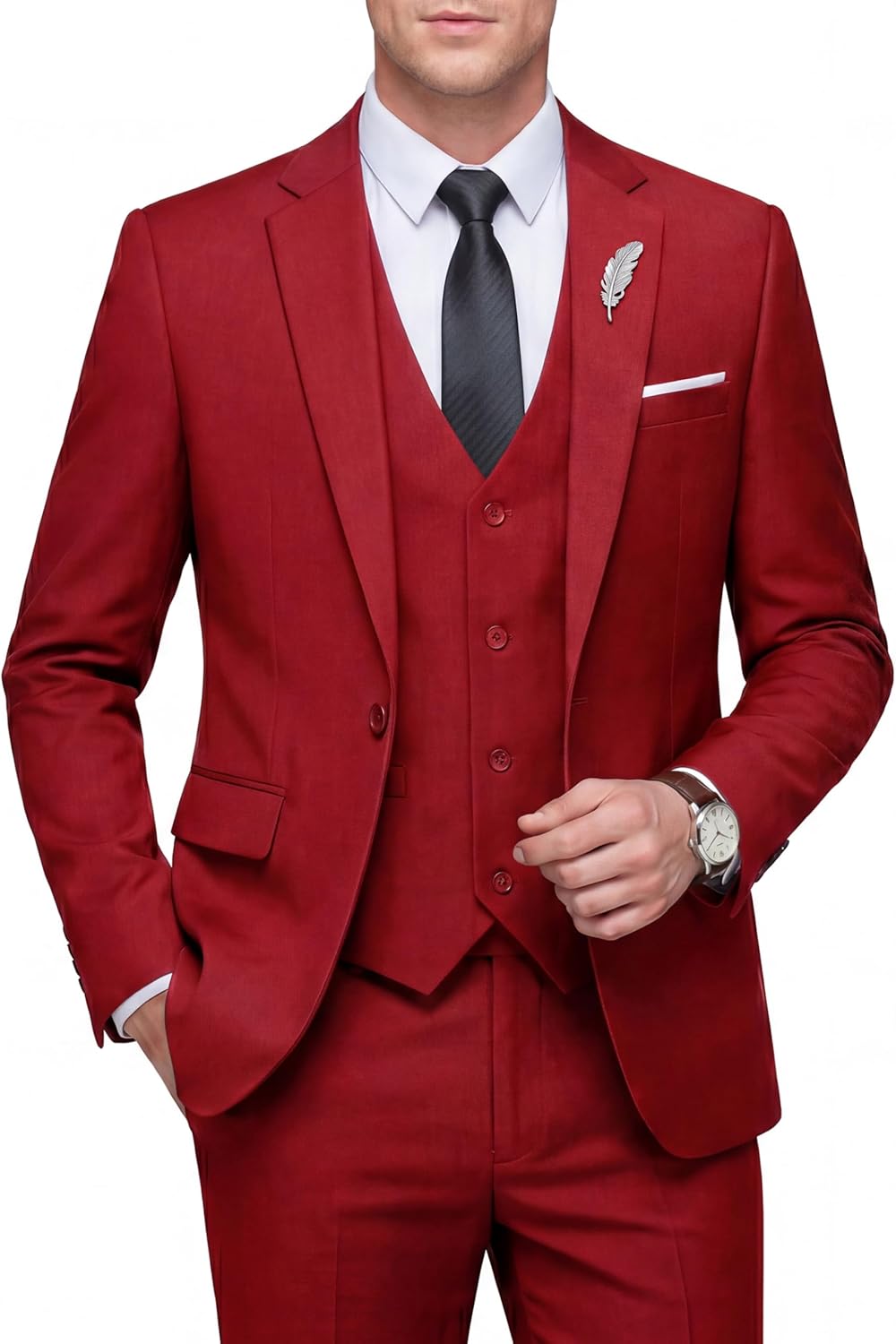 WULFUL Men's Slim Fit 3 Piece Suit, One Button Solid Blazer Business Party Jacket Vest Pants Set