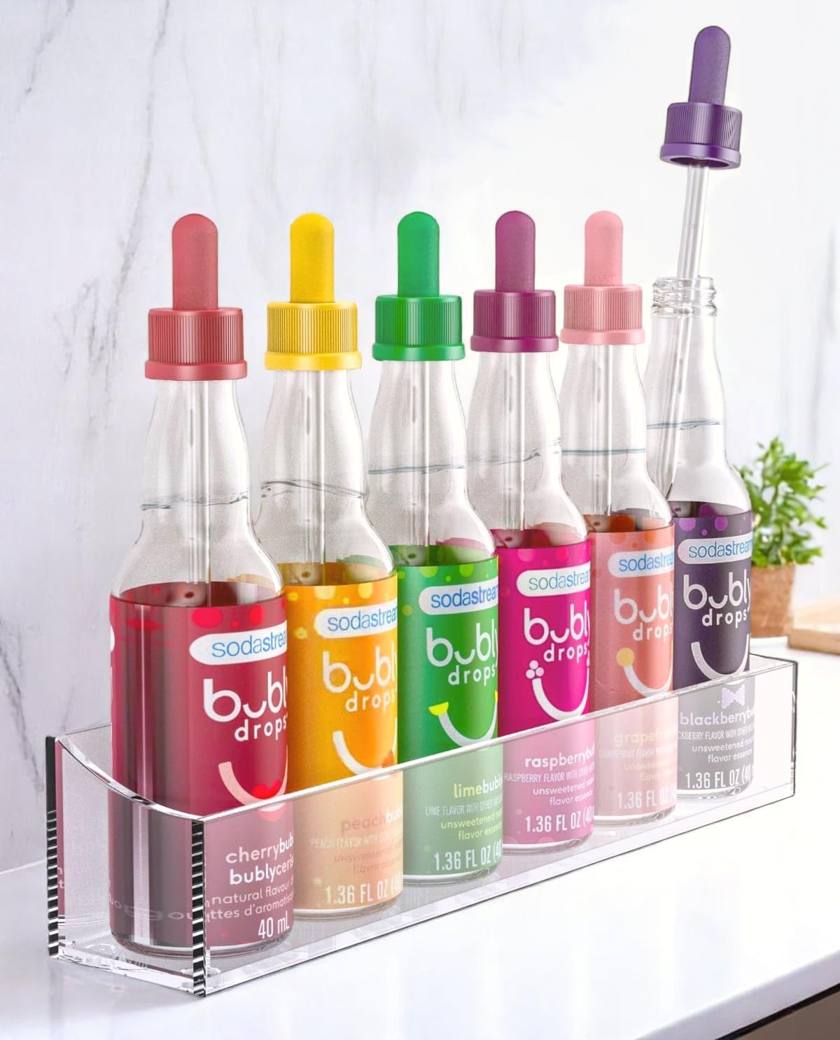 GALVANOX Glass Dropper Pipettes with 6-Bottle Holder for SodaStream Bubly Drops Flavors, Countertop/Wall Mount Organizer (6 Color Matched Suction Droppers)