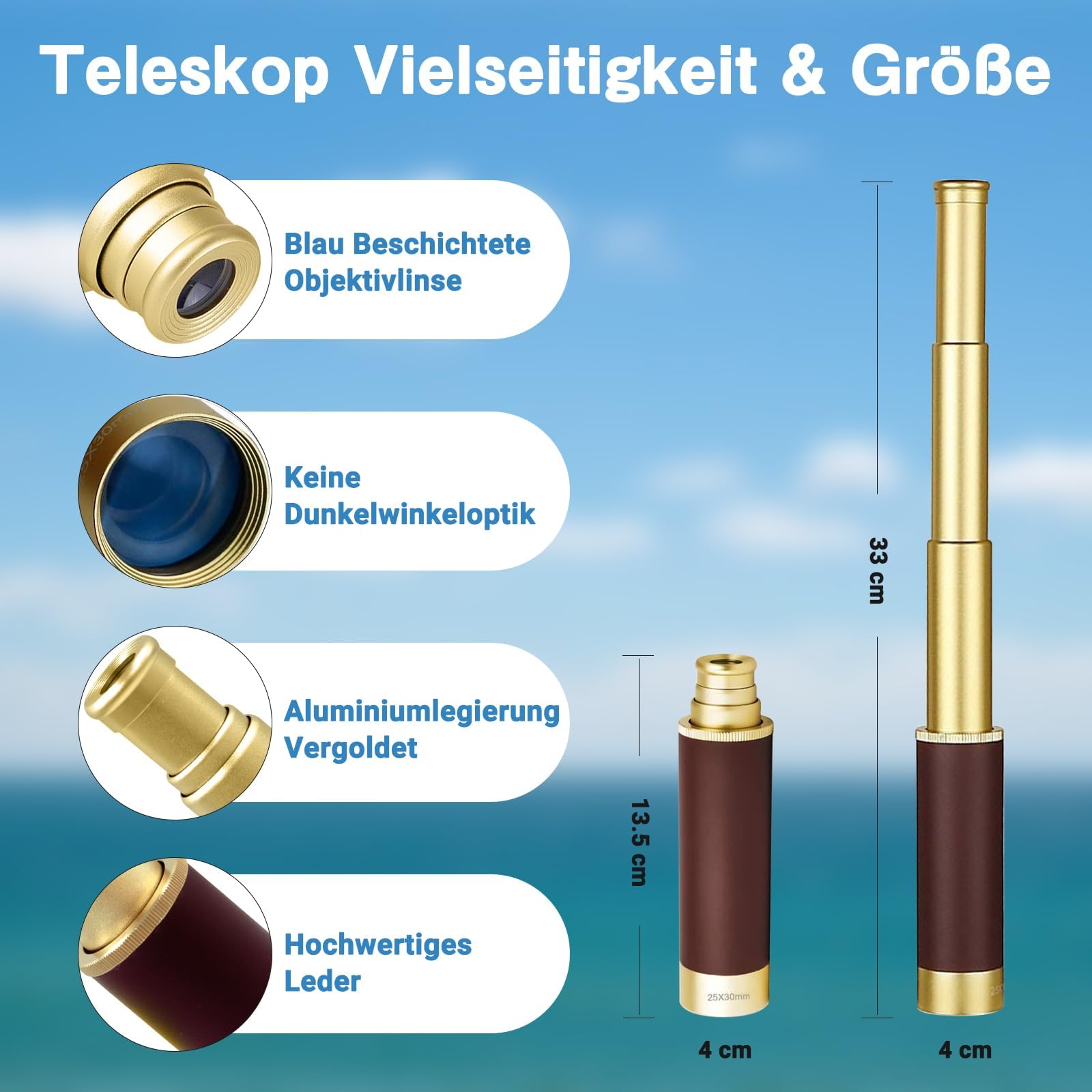 Retro Pirat Teleskop Monokular 25x30 Zoomable Vintage Kapitän Jack Spyglass BAK-4 Linse Fernrohr Kinder with Kompass Faltbar Tragbar Pocket Monokular Erwachsene für Outdoor Camping