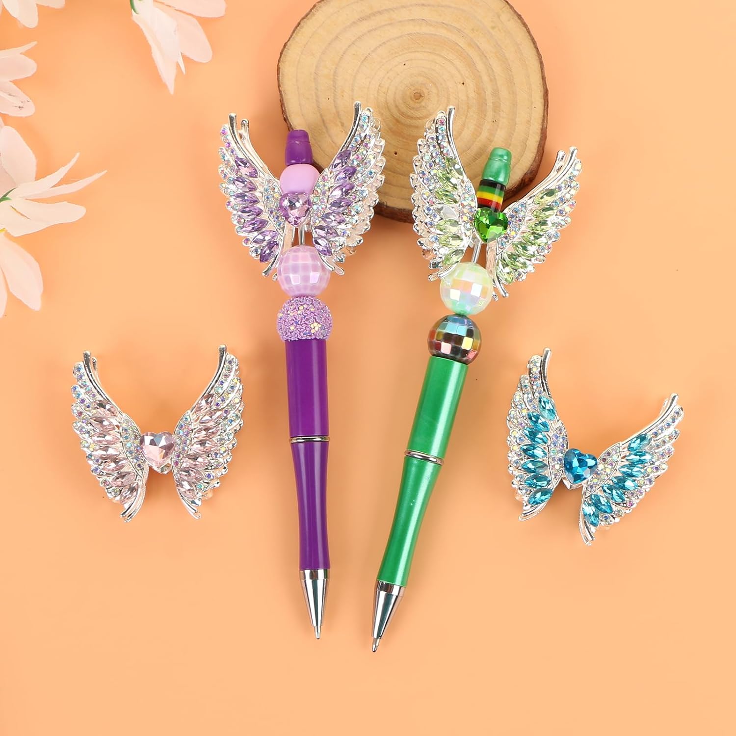 4Pcs Cute Heart Wing Rhinestone Alloy Focal Beads for Pens Colorful Wing Fancy Beads for DIY Craft Beadable Pens Bracelet Necklace Earrings Keychain Jewelry Making - Image 4