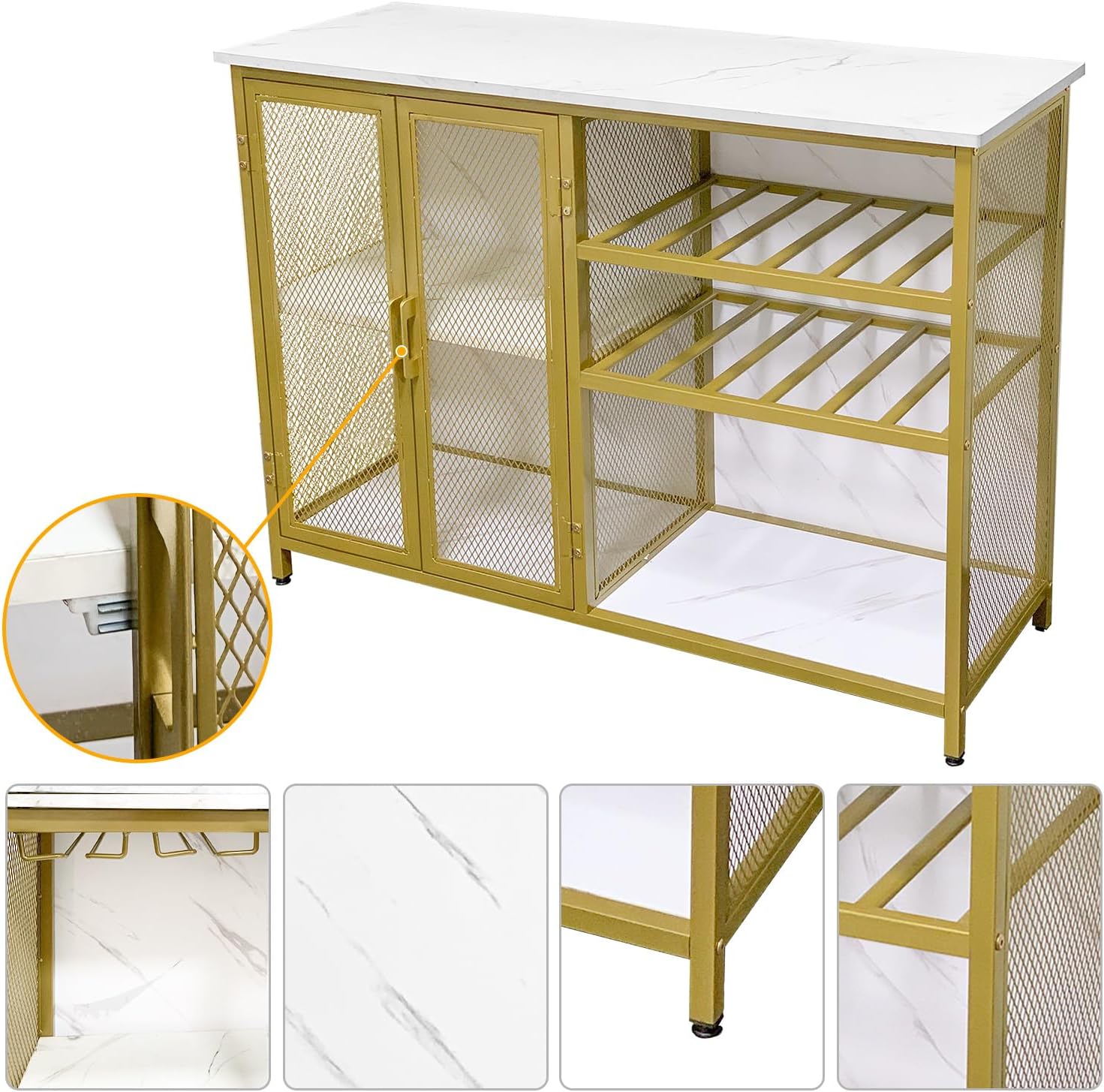 AT-VALY Bar Cabinets with Wine Rack and Glass Rack,Small Sideboard and Buffet Cabinet with Mesh Doors (Gold)