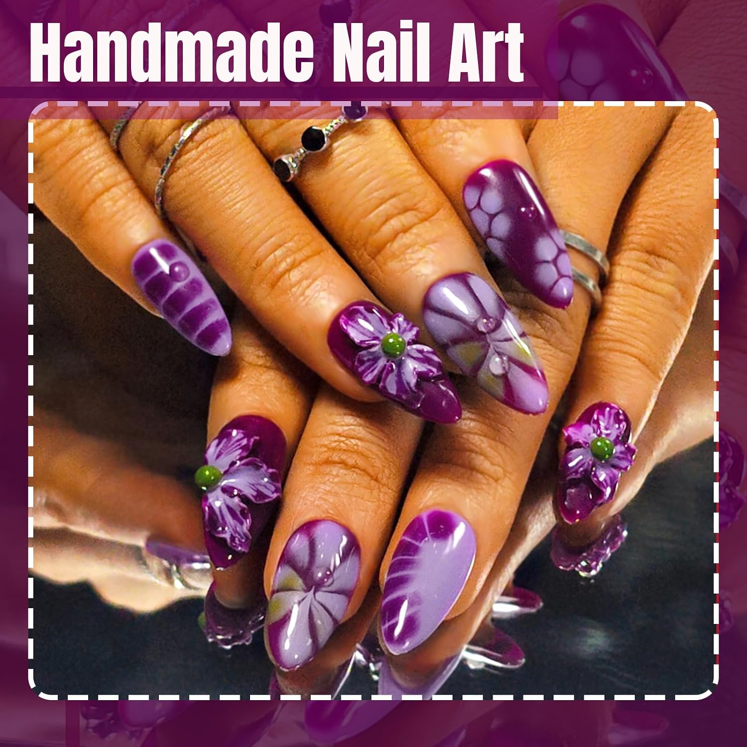 Handmade Press On Nails Almond, Purple Press On Nails Medium, Flower 3D Nails Blooming Bubble For Women Gift, Reusable Stick On Fake Nails Kit With Nail Glue (Twilight Bloom-M)