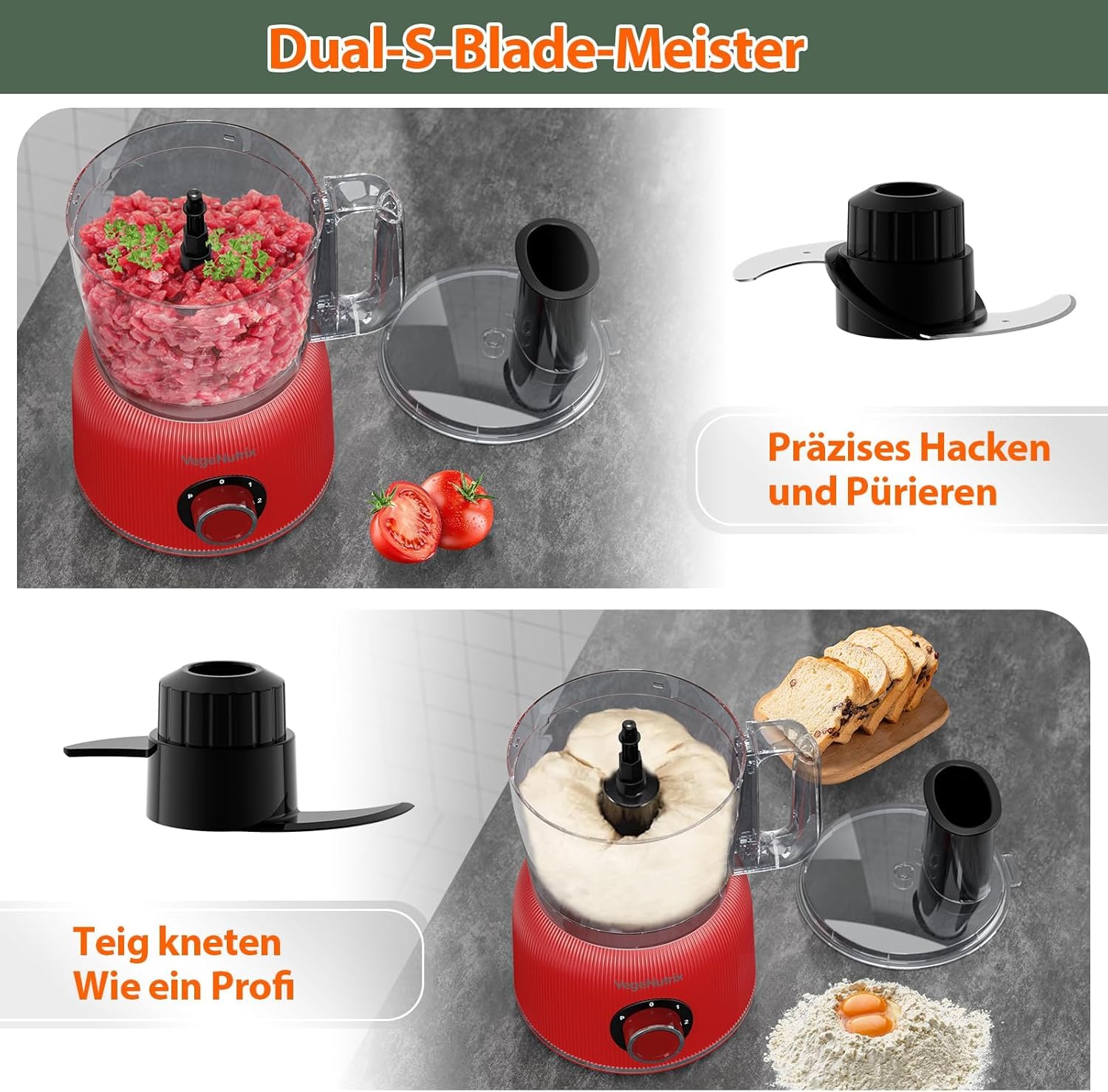 Robot de cuisine multifonction 1500 W, 11 fonctions, bol de 2,5 l et récipient de 1,5 l, mini hachoir, disque de coupe, presse-agrumes, hachoir à pétrissage