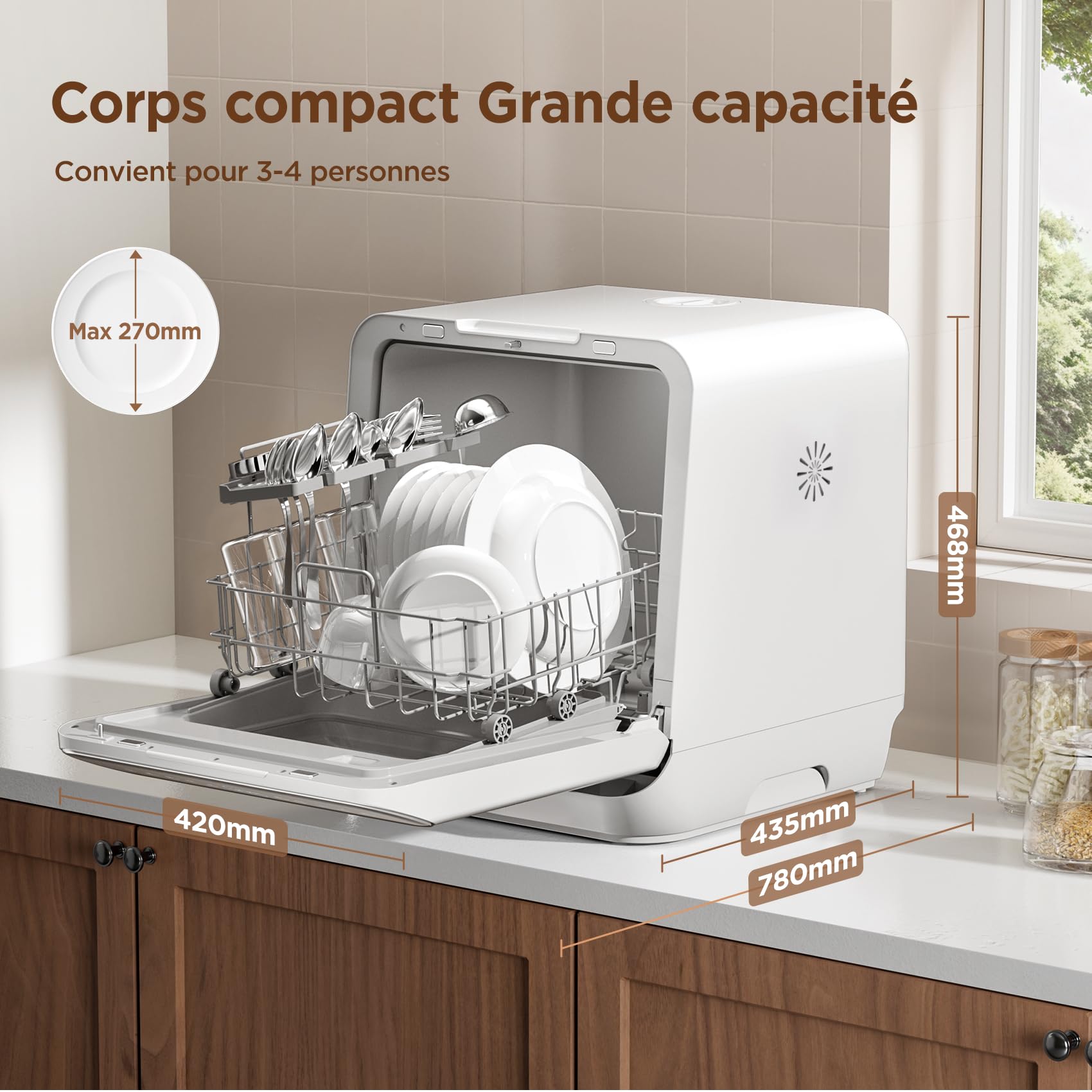 COMFEE' MFD42S110W-IT Mini Lave-vaisselle de Table Compact, 3 Couverts, 7 Programmes, Commande Tactile, Écran LED, 72°C Lavage Hygiénique, 24h Démarrage Différé, Ouverture Automatique, blanc