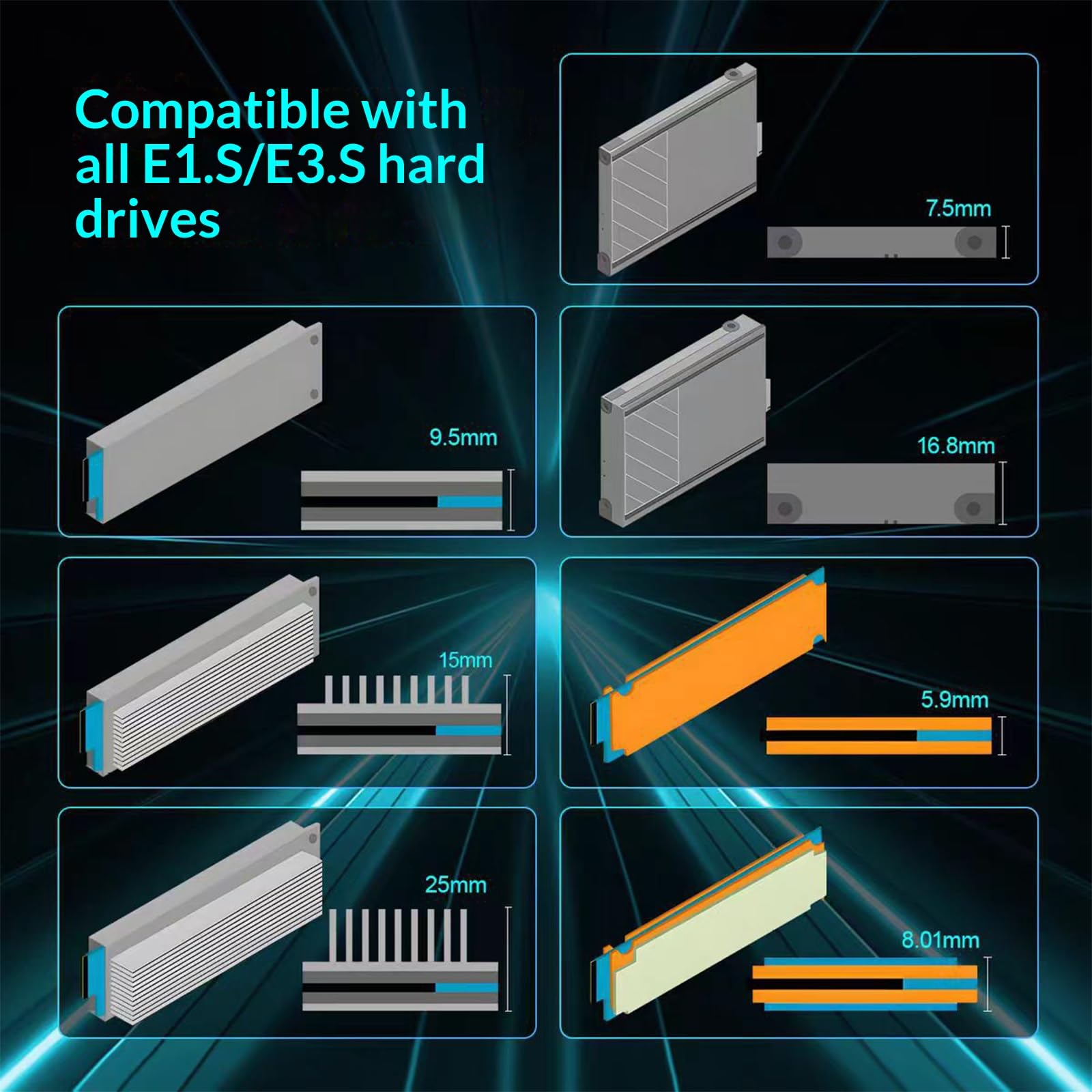 Praktyczny adapter PCIe 5.0 E1S z aktywnym wentylatorem chłodzącym do dysków SSD NVMe obsługujący adaptery NVMe E3.S U.2 U.3 Enterprises Storage NVMe