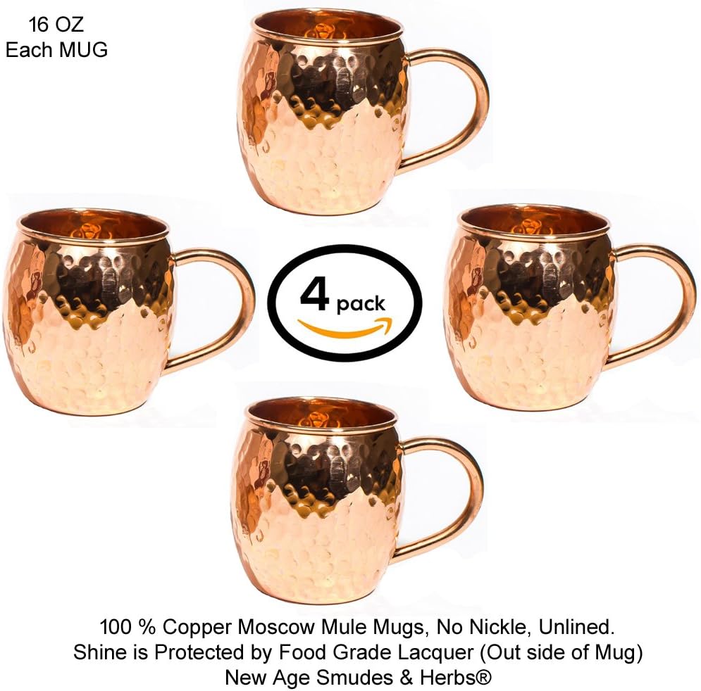 100% Solid Copper Mugs Moscow Mule Mug with No Inner Linings, 16 oz - Hand Hammered (4 Pack)