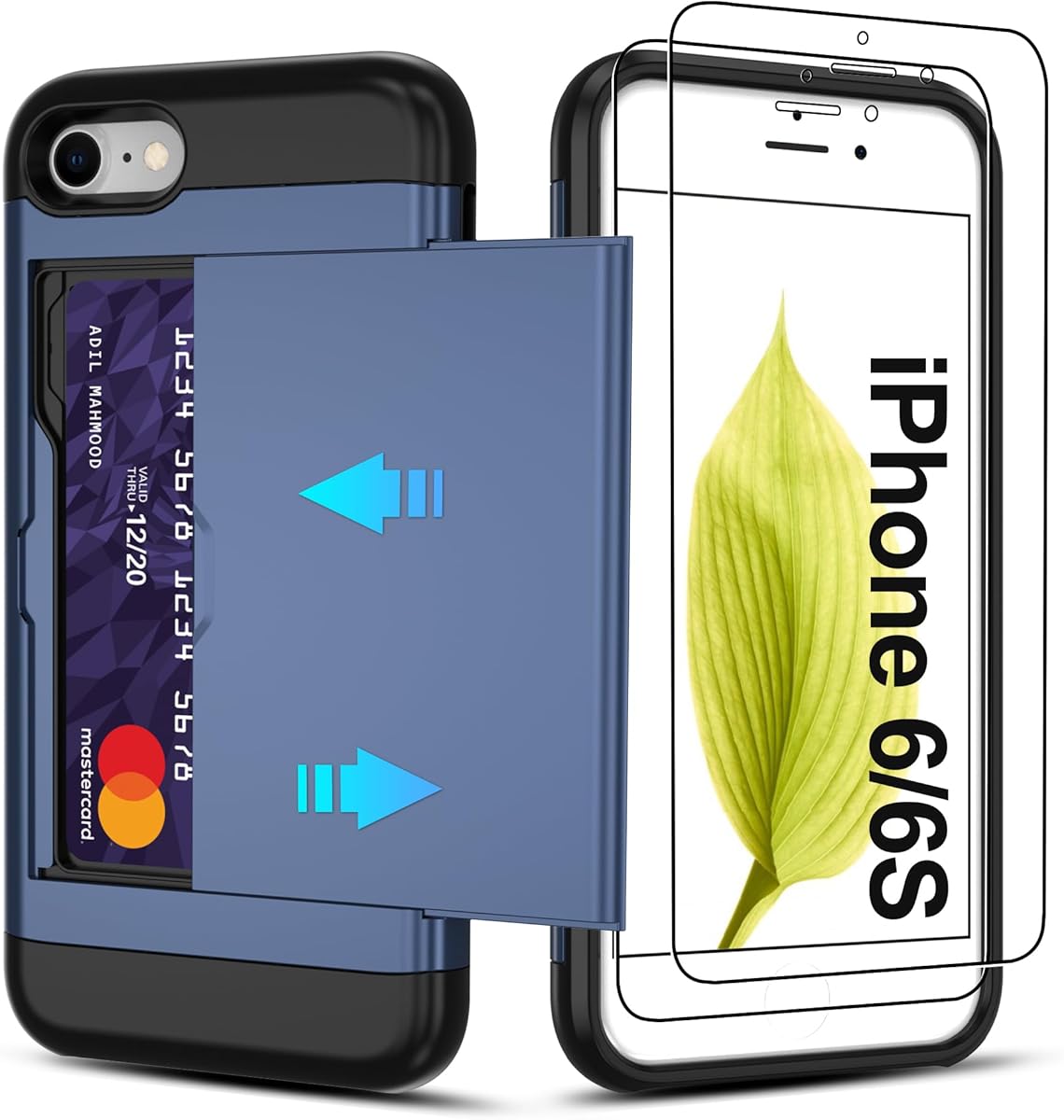 for iPhone 6/6S Case with Card Holder【2 Pcs HD Screen Protector】 Slim Heavy Duty Dual Layer Shockproof Design【Hidden Card Slot 】 Wallet Case for iPhone 6/6S Phone Case -Blue