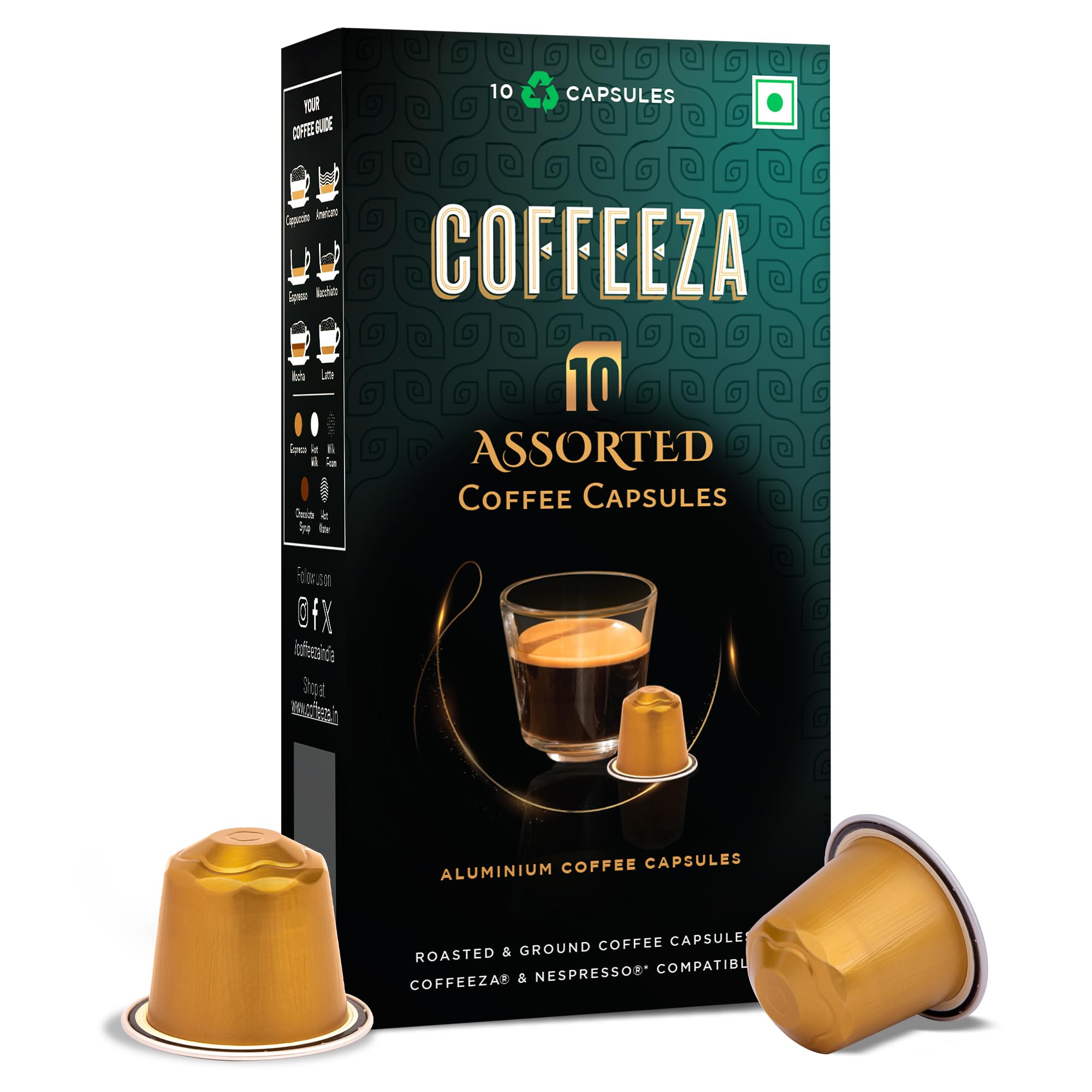 COFFEEZA Assorted Box Of 10 Coffee Capsules Classico, Intenso, Cremoso, Forte, And Mysore Nuggets, 70 Gram