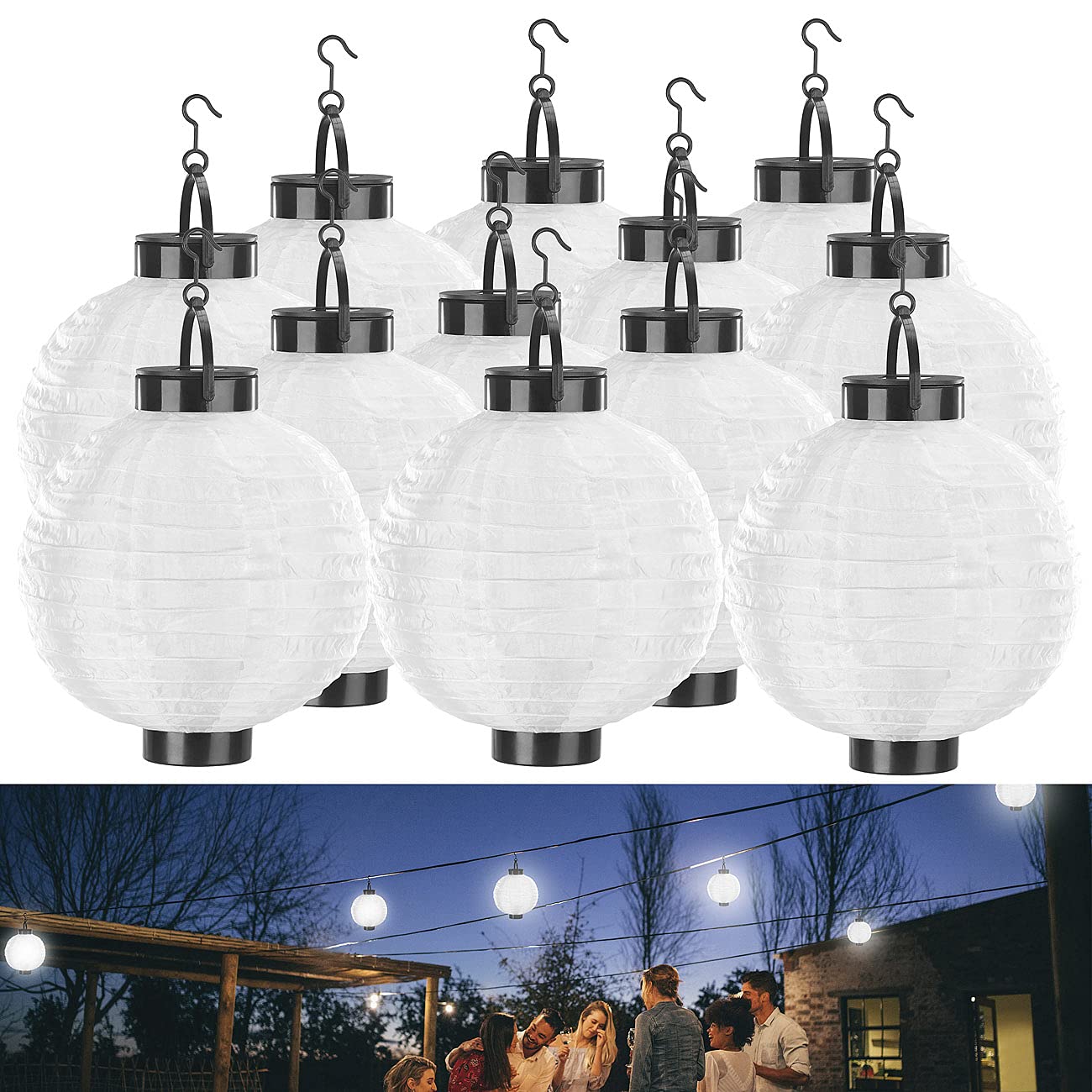 Lunartec wetterfeste Lichterkette: 12er-Set Solar-LED-Lampion, Dämmerungs-Sensor, IP44, warmweiß, 20 cm Ø (große Solar-Lampions, 30 cm, Ball)