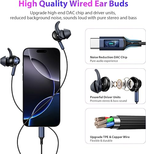 APETOO USB-C Wired Earbuds Noise Canceling in-Ear Earphones with Anti Fall/Hurt Wingtips for iPhone 16-15/Samsung S25-S20/Pixel 10-4 + USB Computer Headphones in-Ear Headset for PC/Laptop/PS4