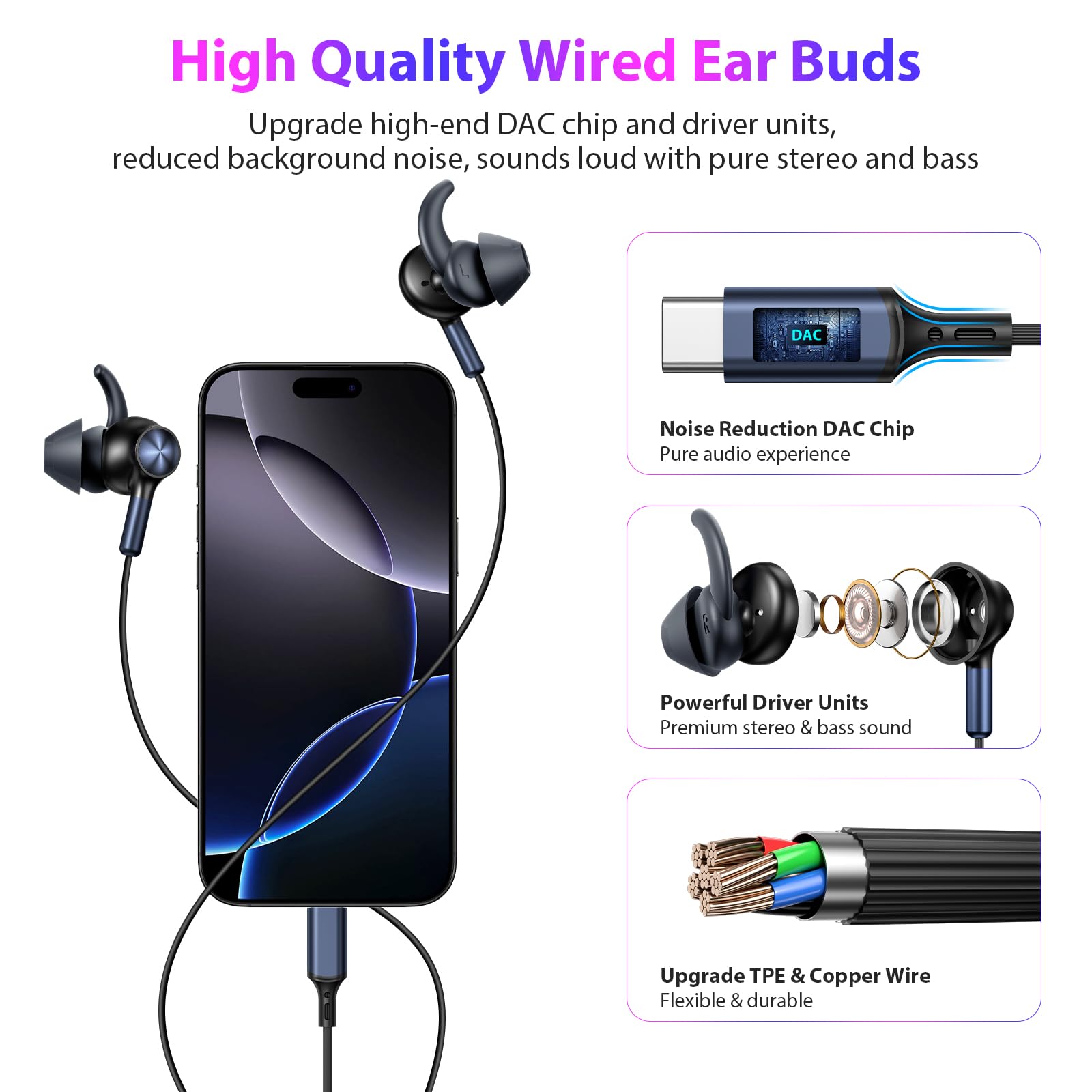 APETOO Auricolari con cavo USB-C con alette anti-allarme/ferite, per iPhone 16 15/iPad/Samsung/Android, microfono e controllo del volume, bassi stereo puri, cancellazione del rumore, auricolari in-ear