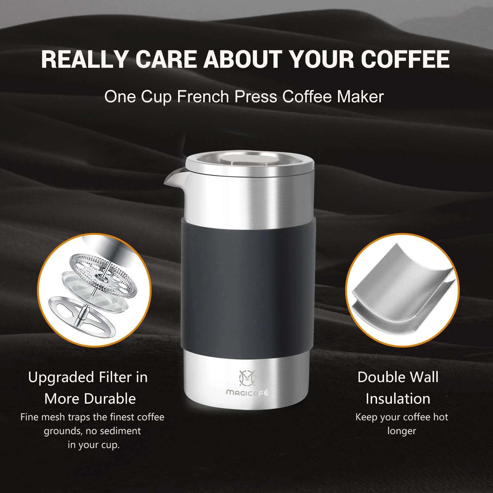 Juego de cafetera de prensa francesa, prensa francesa portátil con mini recipiente de café y bolsa de recolección, 1 taza pequeña de acero inoxidable de doble pared, prensa de café de 350 ml