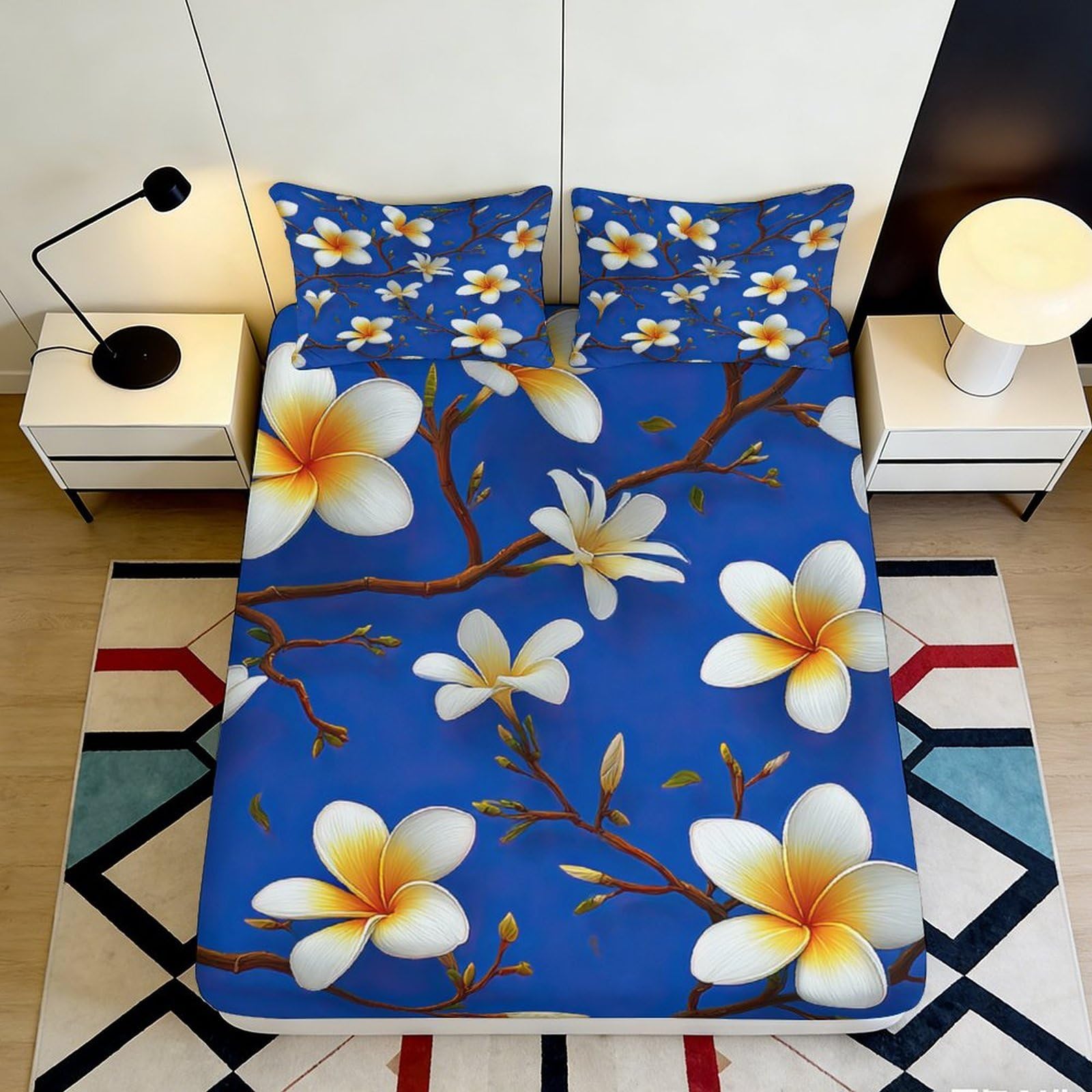 3D Printed Plumeria Blossom Fitted Sheet Microfiber Blue Floral Mattress Cover Bedroom Decor Non Slip Washable 200x200x25cm