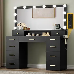 DWVO Vanity Desk Large Black USB & Type C 11 Drawers for Bedroom, Vanity Desk with Mirror and Lights
