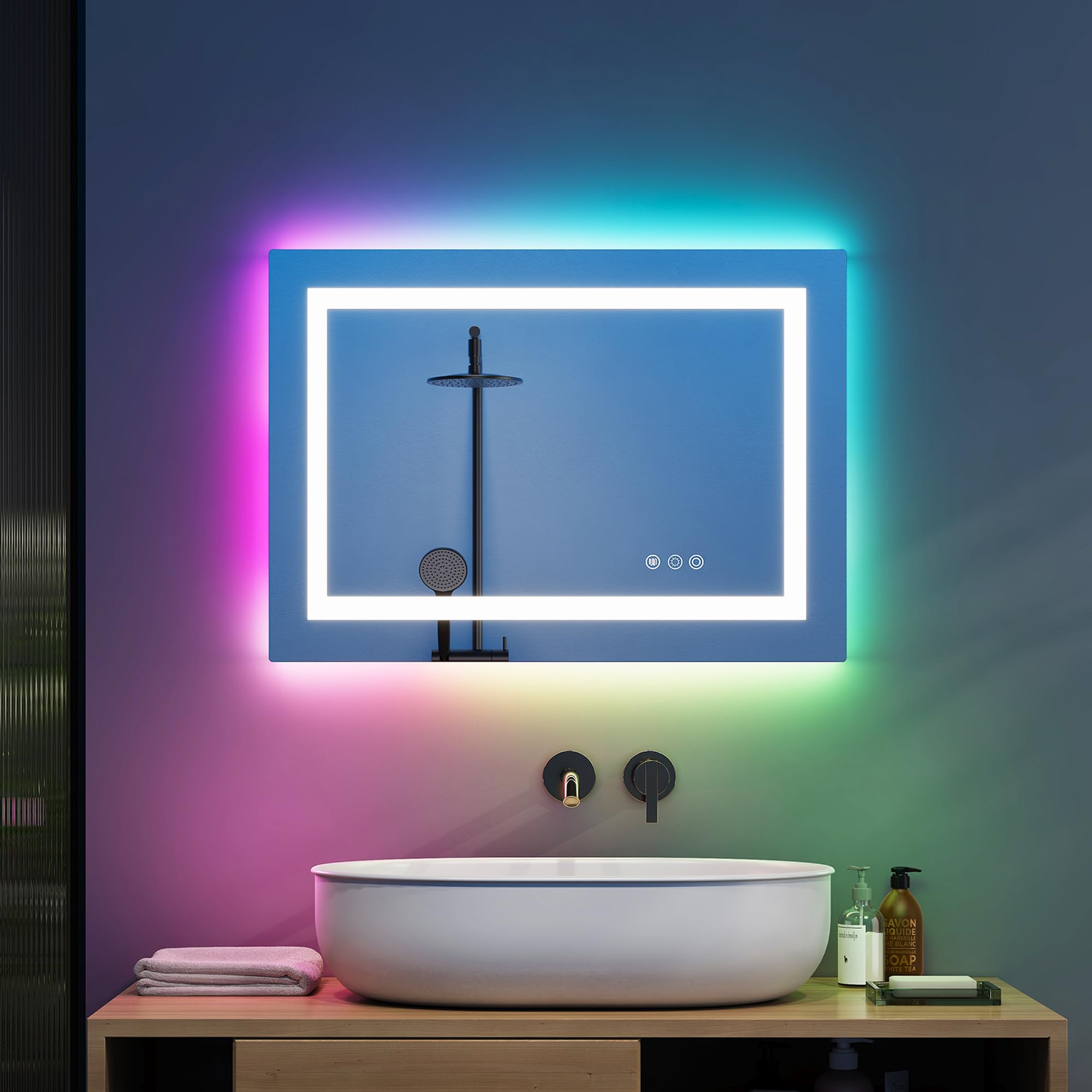 Warmiehomy RGB Bathroom Mirror with LED Light,Rectangular 500x700mm LED Illuminated Bathroom Mirror with 3 Colour Dimmable Lights Demister Pad Touch Switch,Aluminium Frame(Hardwired) — image 1