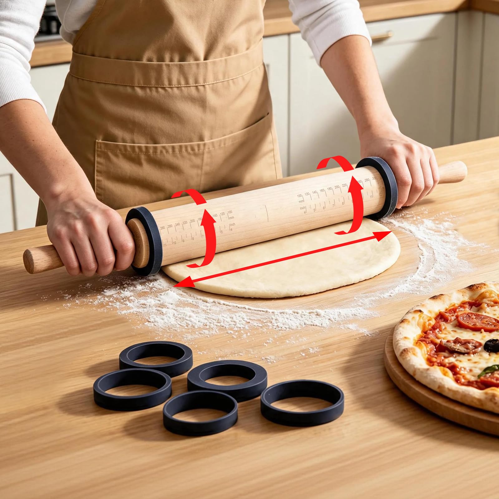 Long Wooden Rolling Pin for Baking: 53.6cm Dough Roller with Thickness Rings&Measurements - Roll Out 28-32cm Large Dough In One Go- Accurate&Easy Tool for Beginners/Professional Bakers - SUPER KITCHEN