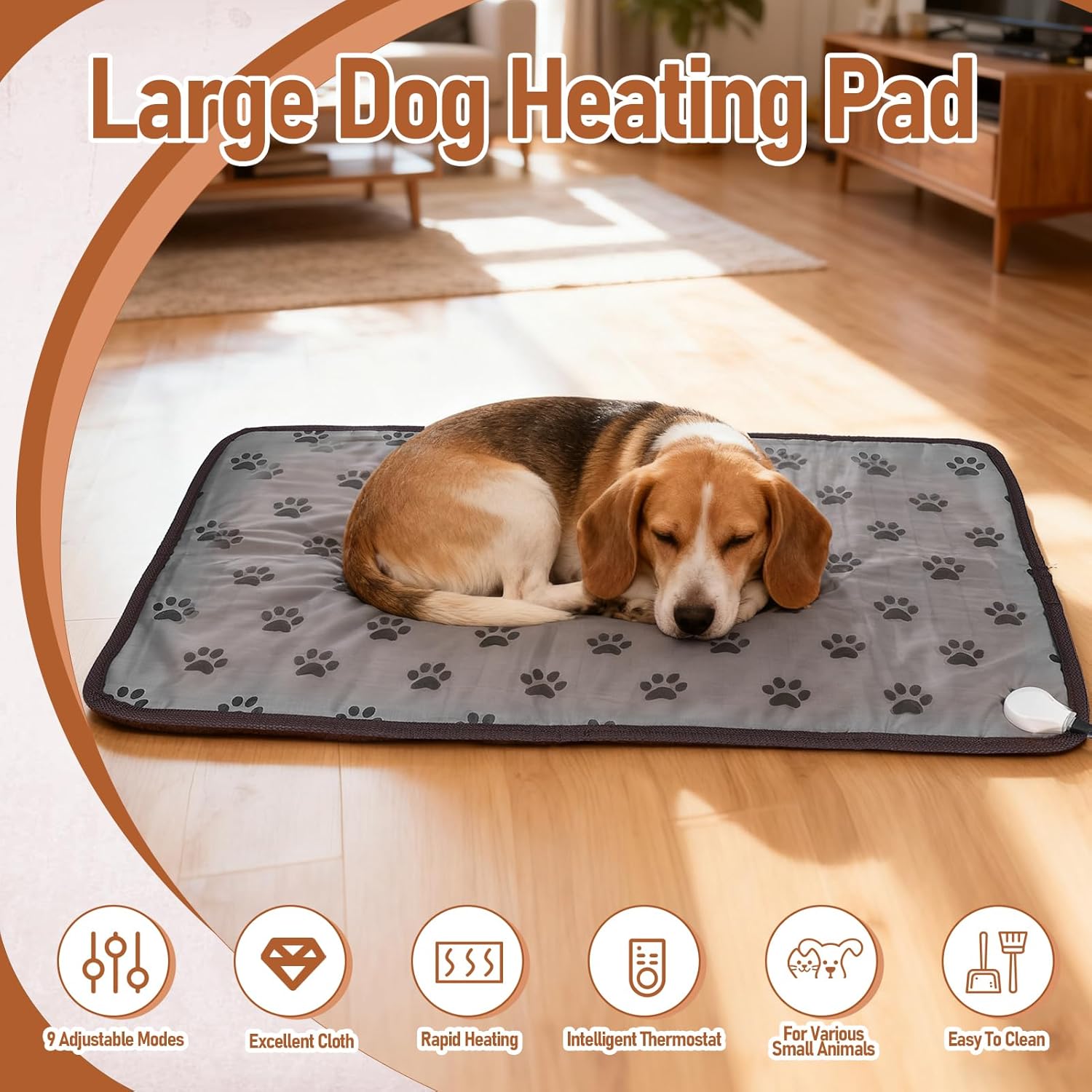 VINGVO Large Dog Heating Pad 34x21in with Smart Thermostat Switch and Power Line Protection Tube, Pet Cats Heating Pad Mat with 9 Adjustable Modes for Indoor Outdoor Puppy Cats (53x86cm)