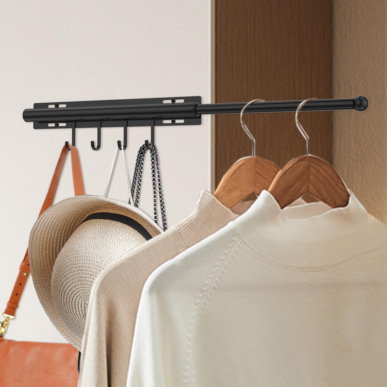 Valet Rod for Wardrobe Pull Out Adjustable Retractable Extending Closet Rod With 4 Hooks Heavy-Duty Closet Organization and Storage Rack Clothes Hanger for Bedroom, Laundry Room(black)