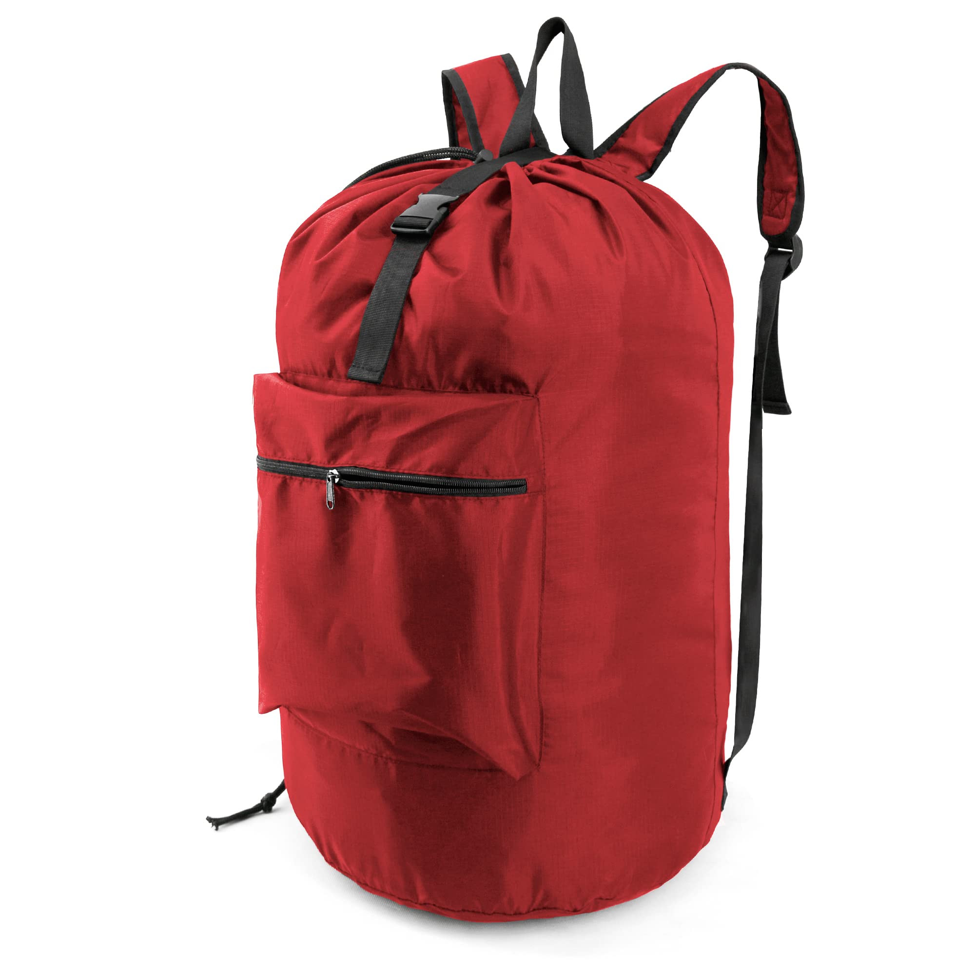 BeeGreen Laundry-Bag-Backpack-Extra-Large, Red Nylon Drawstring Portable Laundry Backpack Tall Foldable Heavy Duty Dirty Clothes Travel Bag with Handle College Dorm Apartment Essentials