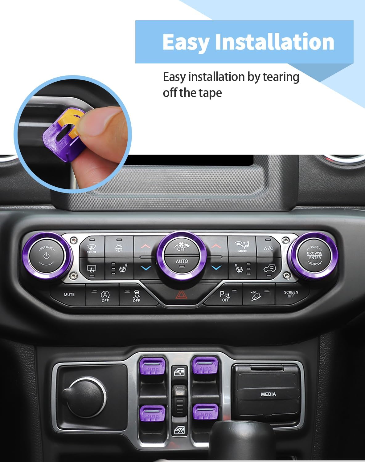 Voodonala JL 8PCS Metal Window Switch Knob Cover, Air Conditioner Headlight Volume Radio Switch Button Trim Compatible with Jeep Wrangler JL JLU & Gladiator JT 2018-2025, Purple