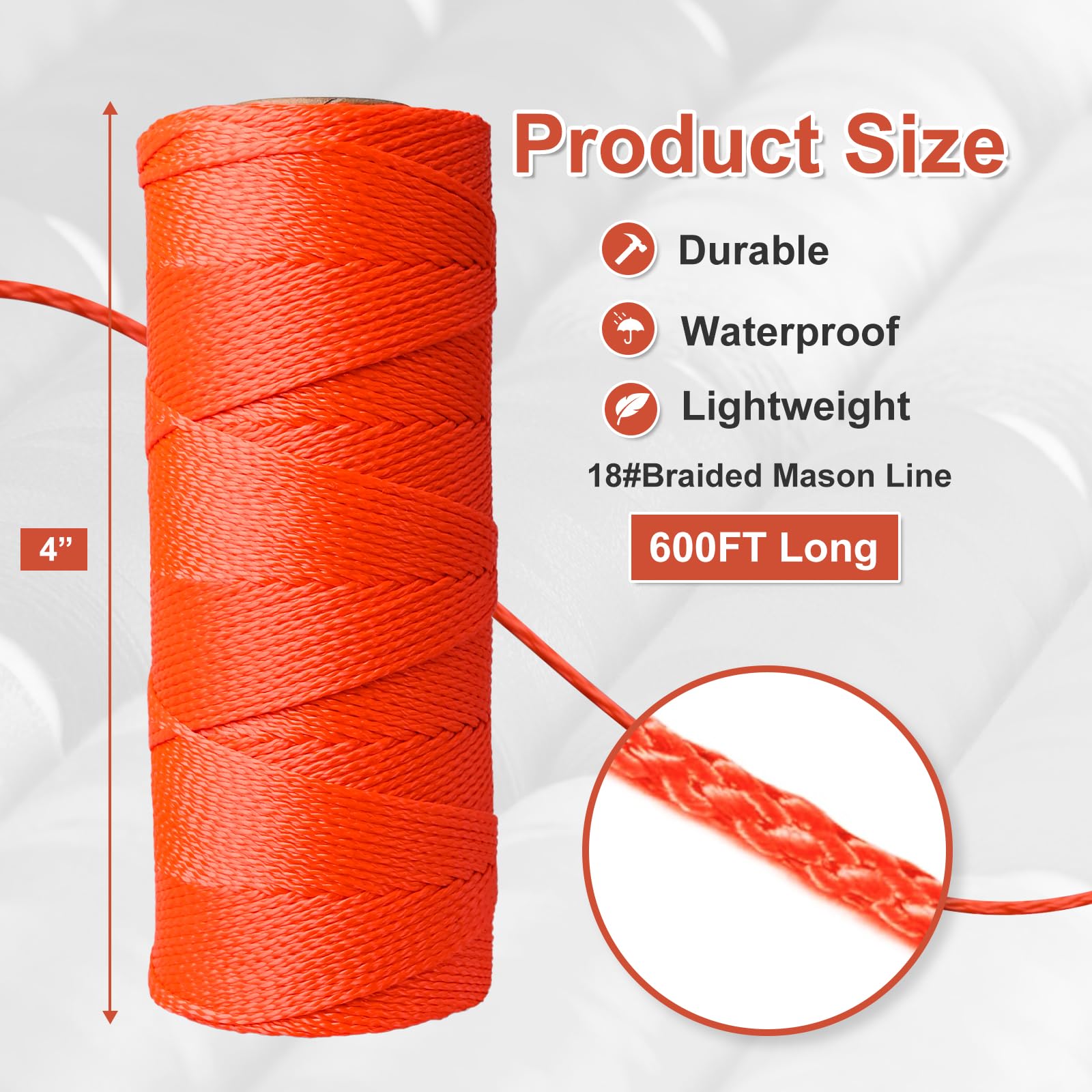 Mason Line - Cuerda de cuerda de nailon de 600 pies de longitud, 18 cuerdas de nailon trenzado para herramientas de jardinería o mampostería, cuerda para jardinería, color naranja