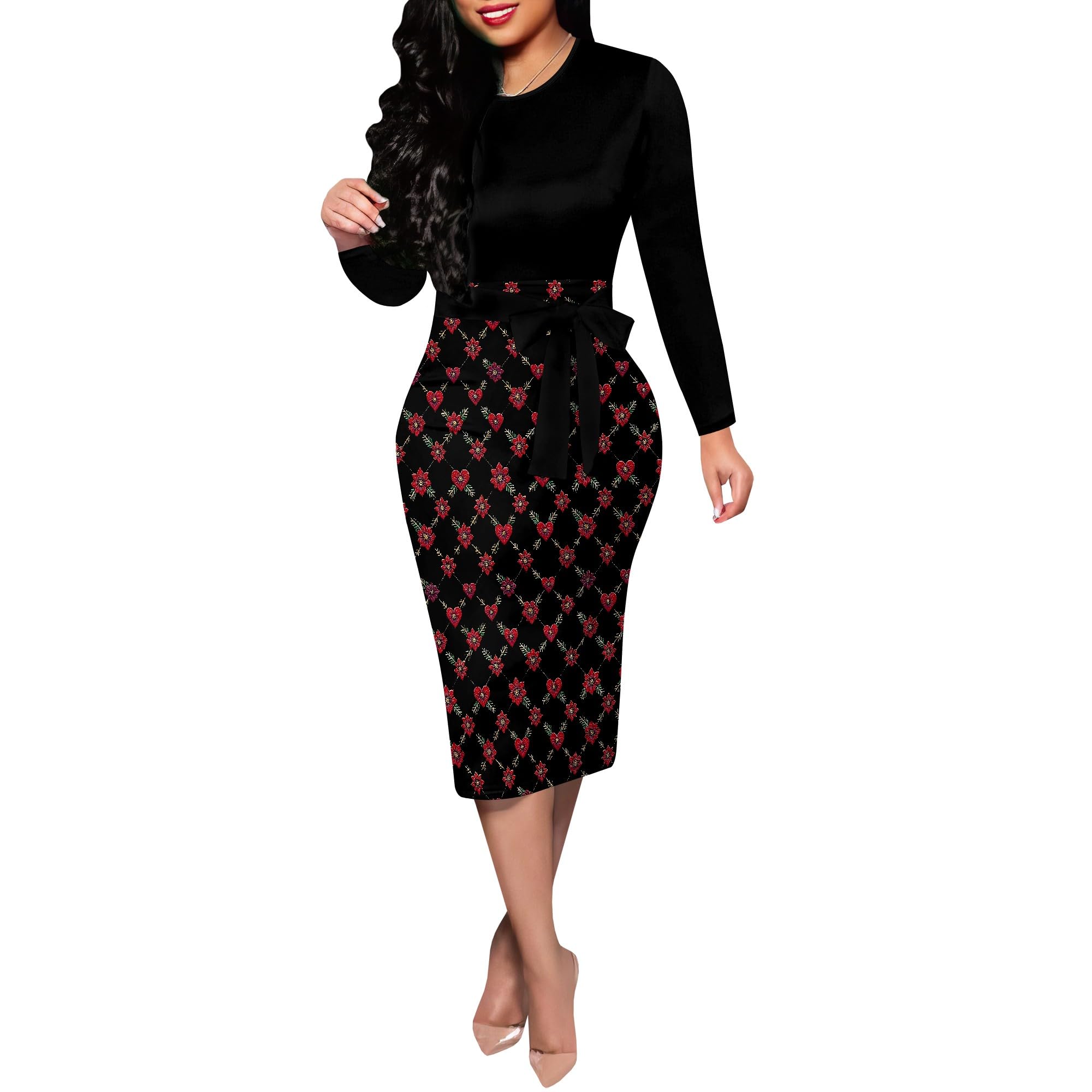 Fall Midi Dress Womens Long Sleeve Classic Crew Neck Fitted Bodycon Dresses with Bow Belt Fashion Work Outfits