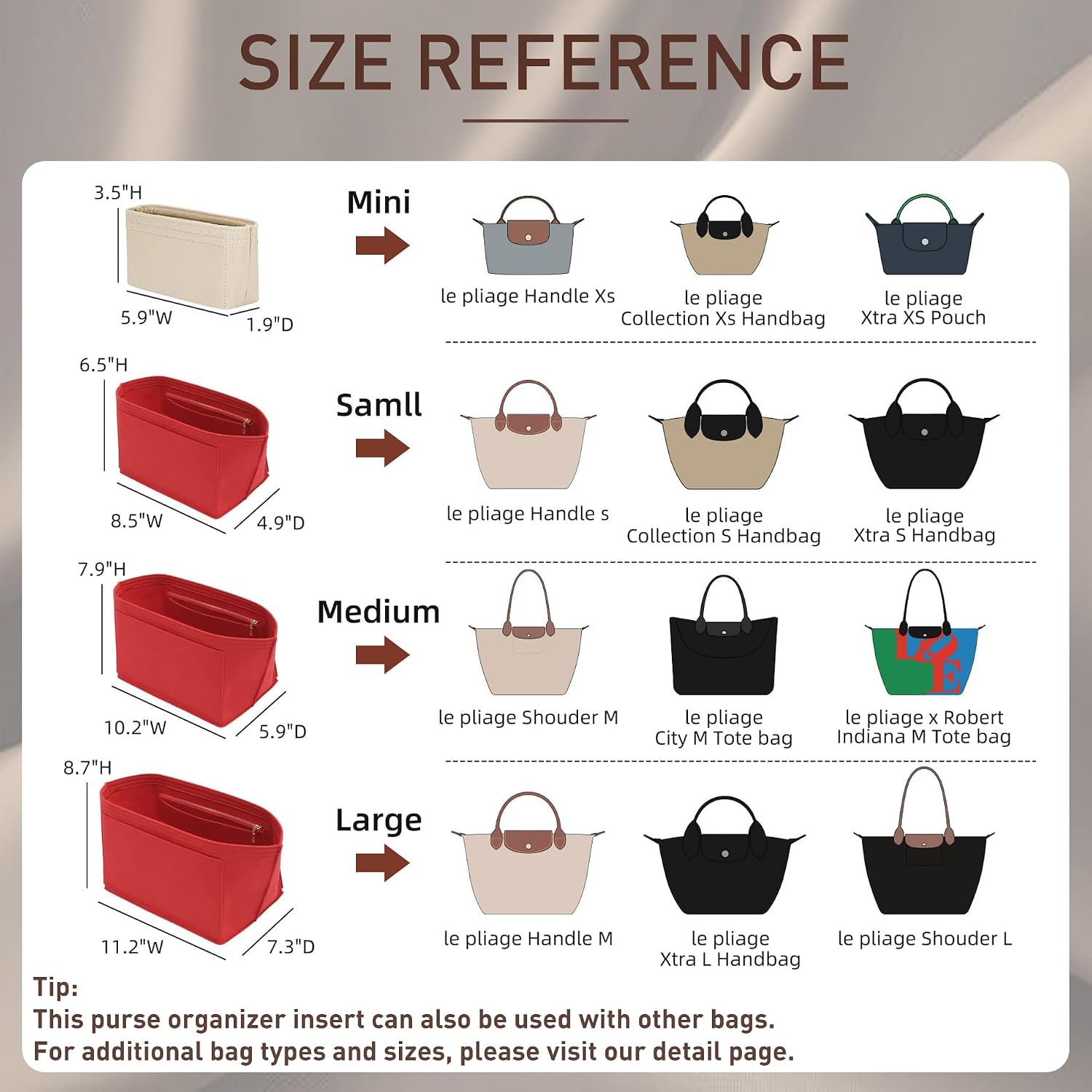 Doxo Felt Purse Organizer Insert for Longchamp Le Pliage Large, Red image 2
