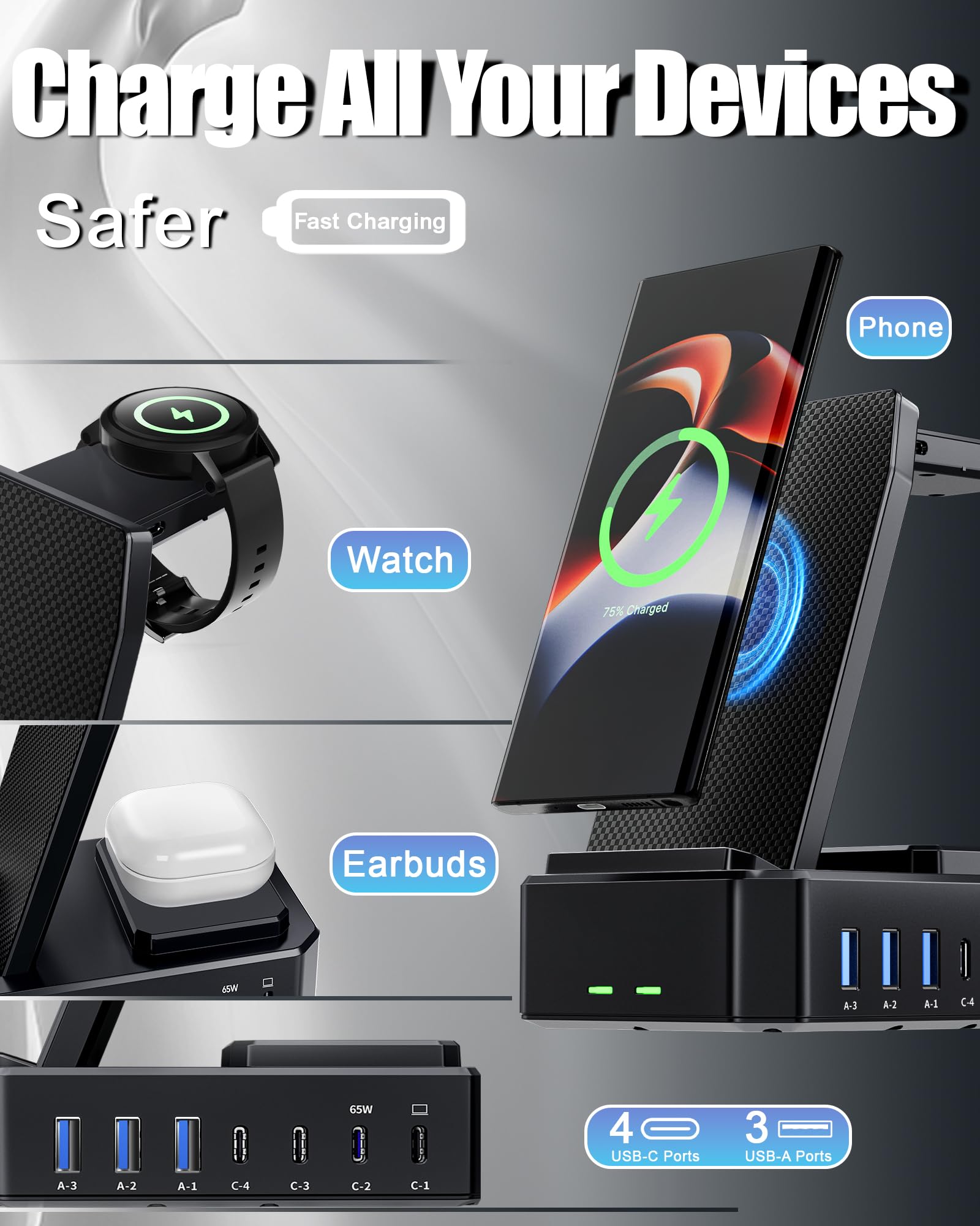 Cargador inalámbrico para Samsung, estación de carga inalámbrica 10 en 1 de 300 W, soporte de carga rápida USB C de 65 W para Samsung S25 Ultra/S24/S23/S22/Note 20, Galaxy Watch Ultra7/6/5, Galaxy