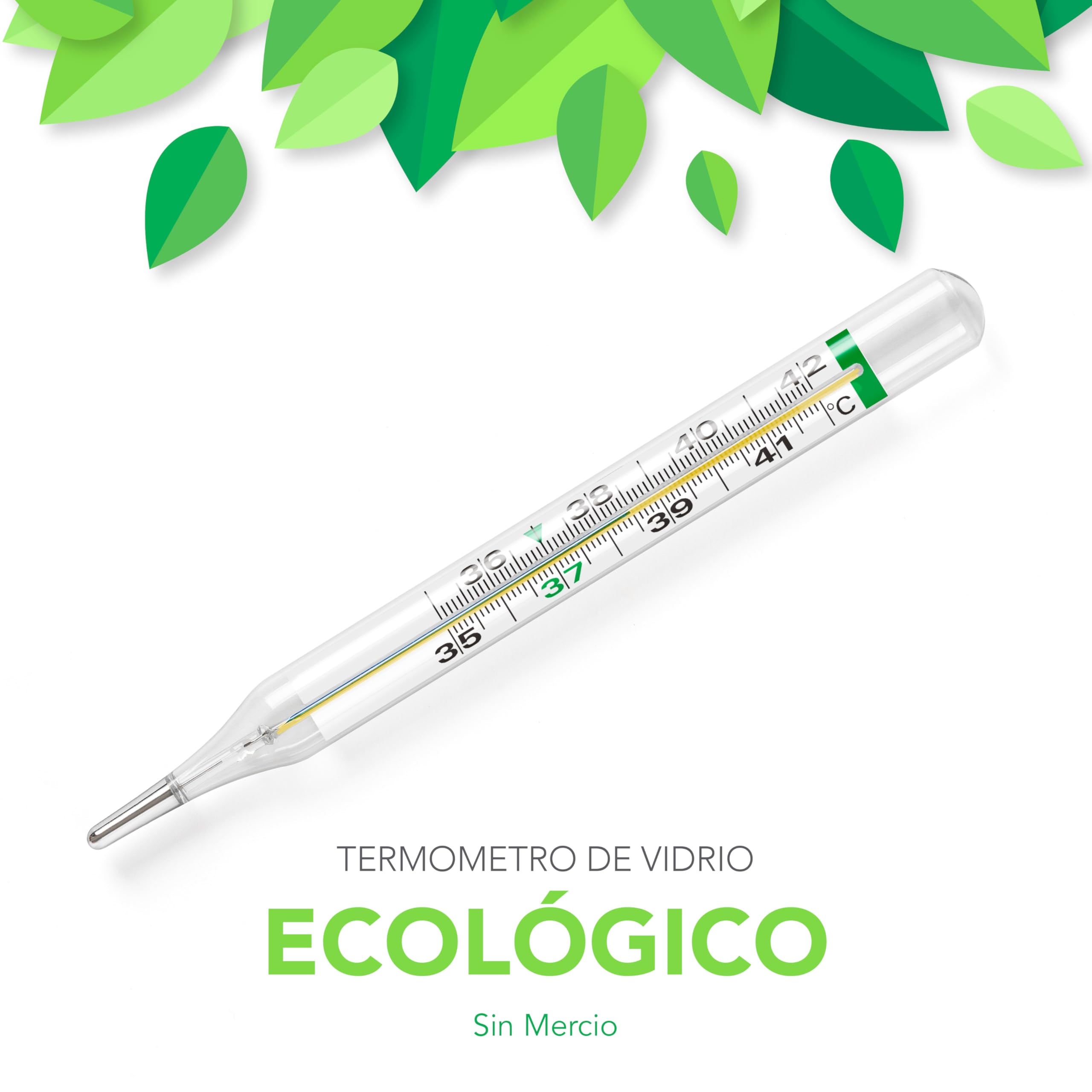 AIESI® Termómetro Clínico clásico de vidrio para fiebre de galio sin mercurio para adultos y niños ECOTHERM, Estuche para reajuste rápido, Ecológico, Garantía 24 meses