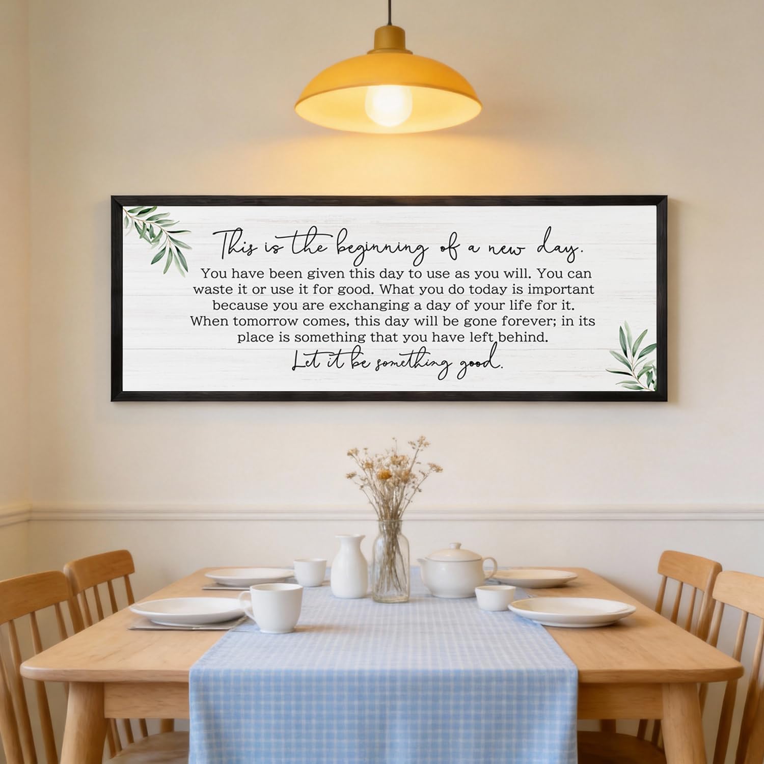 The Beginning of a New Day Wall Art – 40x15 Inch Wooden Framed Inspirational Sign with Motivational Message, Large Rustic Wood Frame Wall Decor for Living Room, Office, Entryway, Black