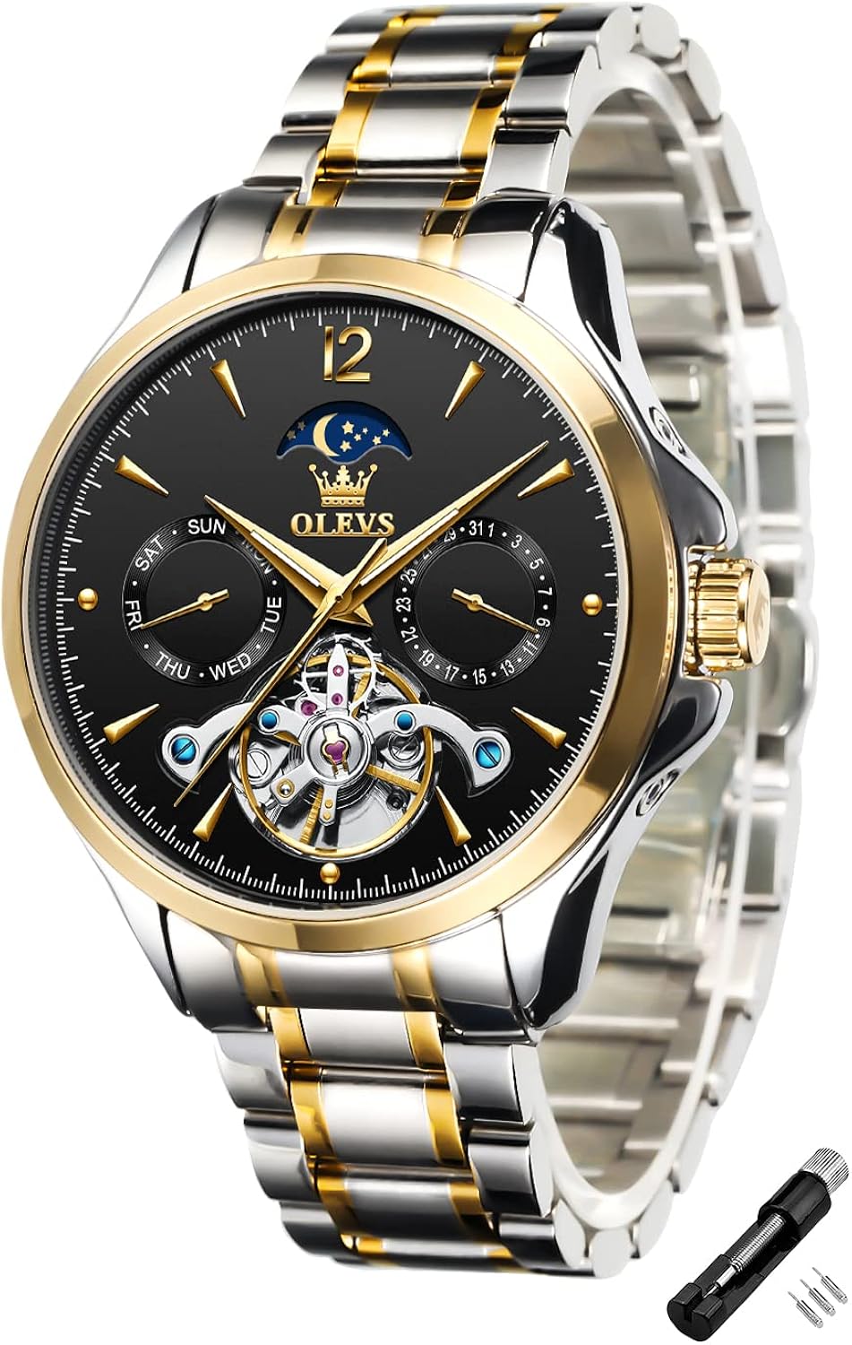 OLEVS Relojes para hombre automático automático automático Fase lunar Tourbillon diseñador esqueleto acero inoxidable fecha hombre reloj de pulsera, negro