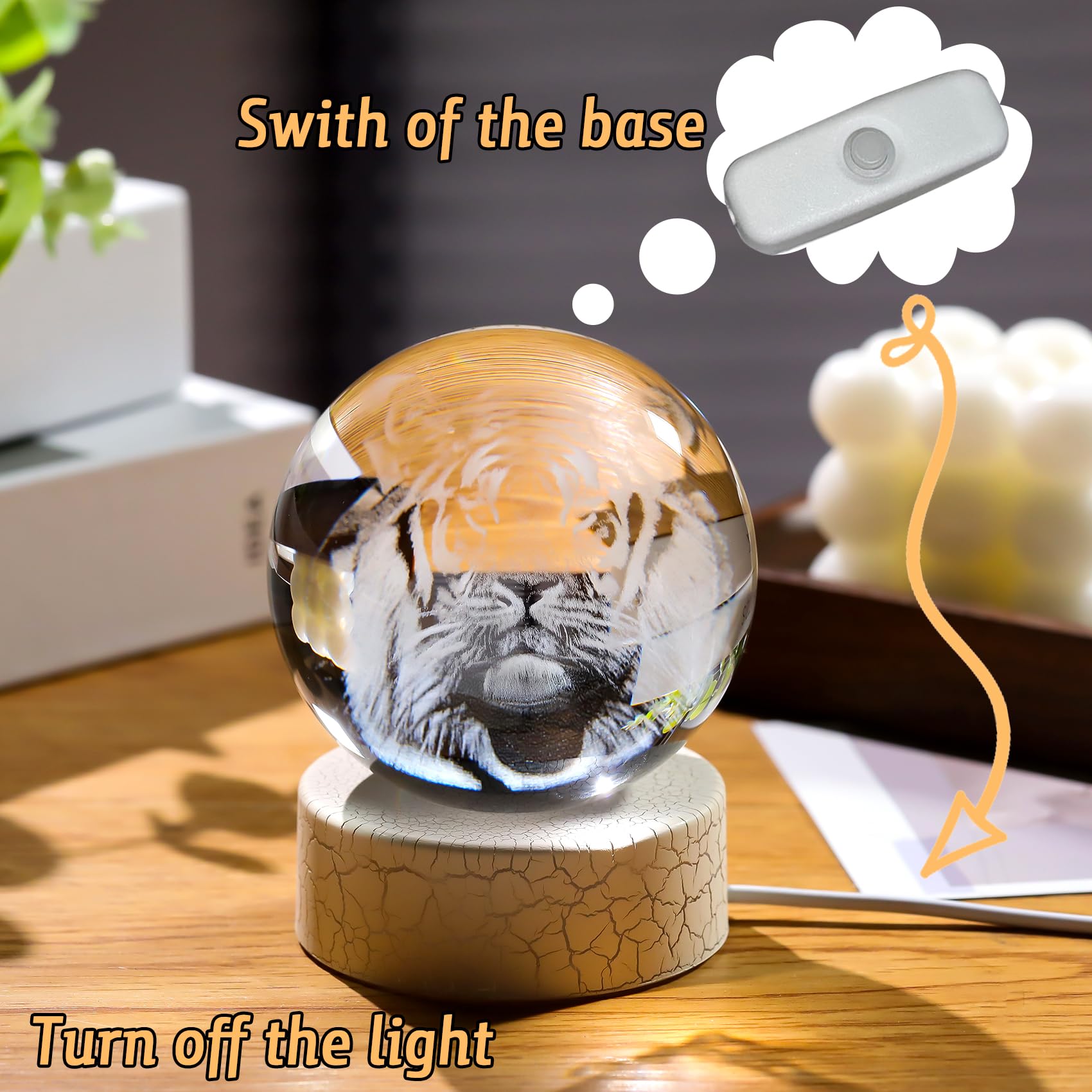 Arikyrist 3.15"/ 8cm K9 Crystal Ball Engraved 3D Tiger Collectible Sphere with LED Lamp Stand - Image 3