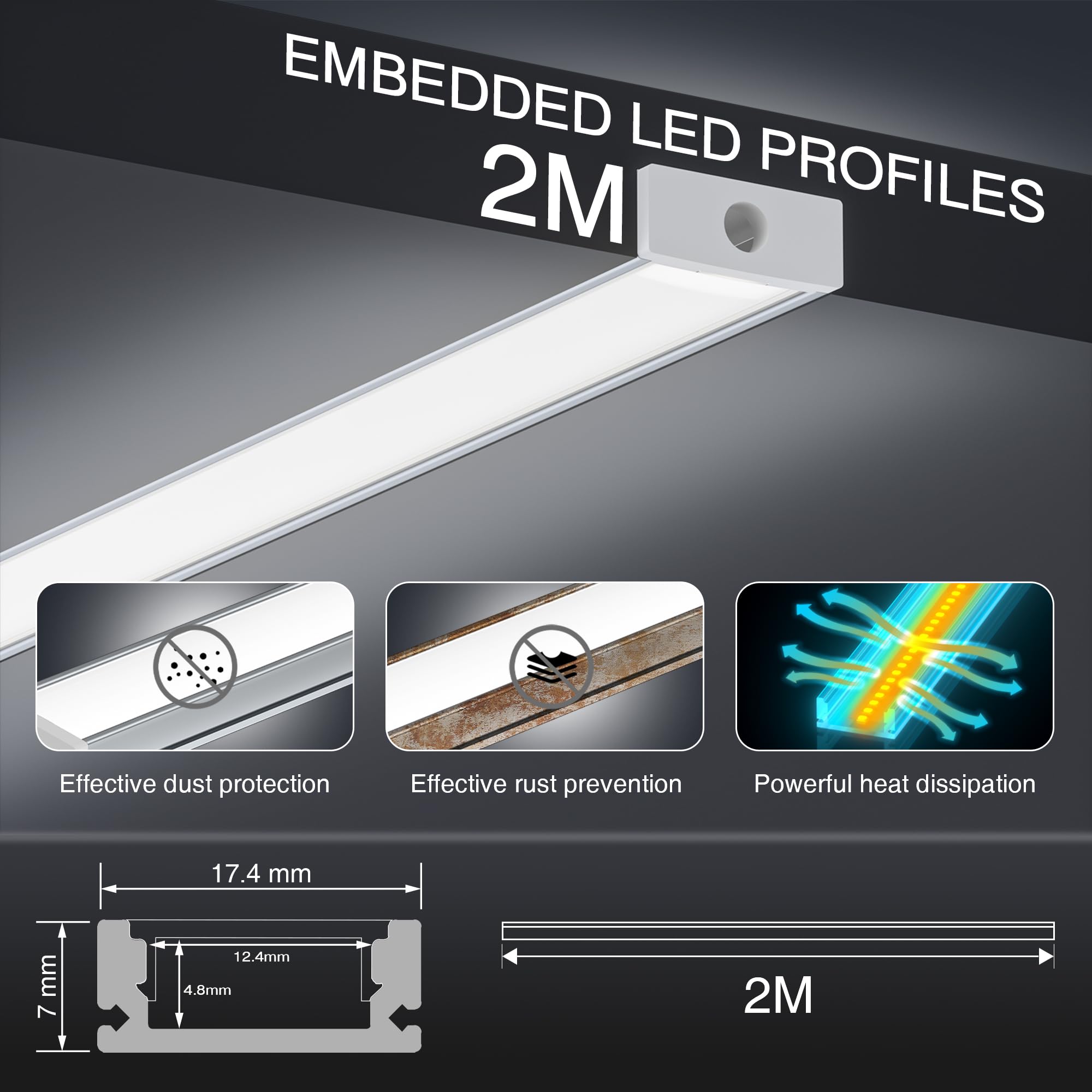 Shine Plus LED Schiene 2m, 6 Stück U Form LED Aluminium Profil，Led Kanäle mit Milchig Weißer Abdeckung, led Diffusoren mit Endkappen und Montageclips Die Innenbreite des Profils beträgt 12,4 mm