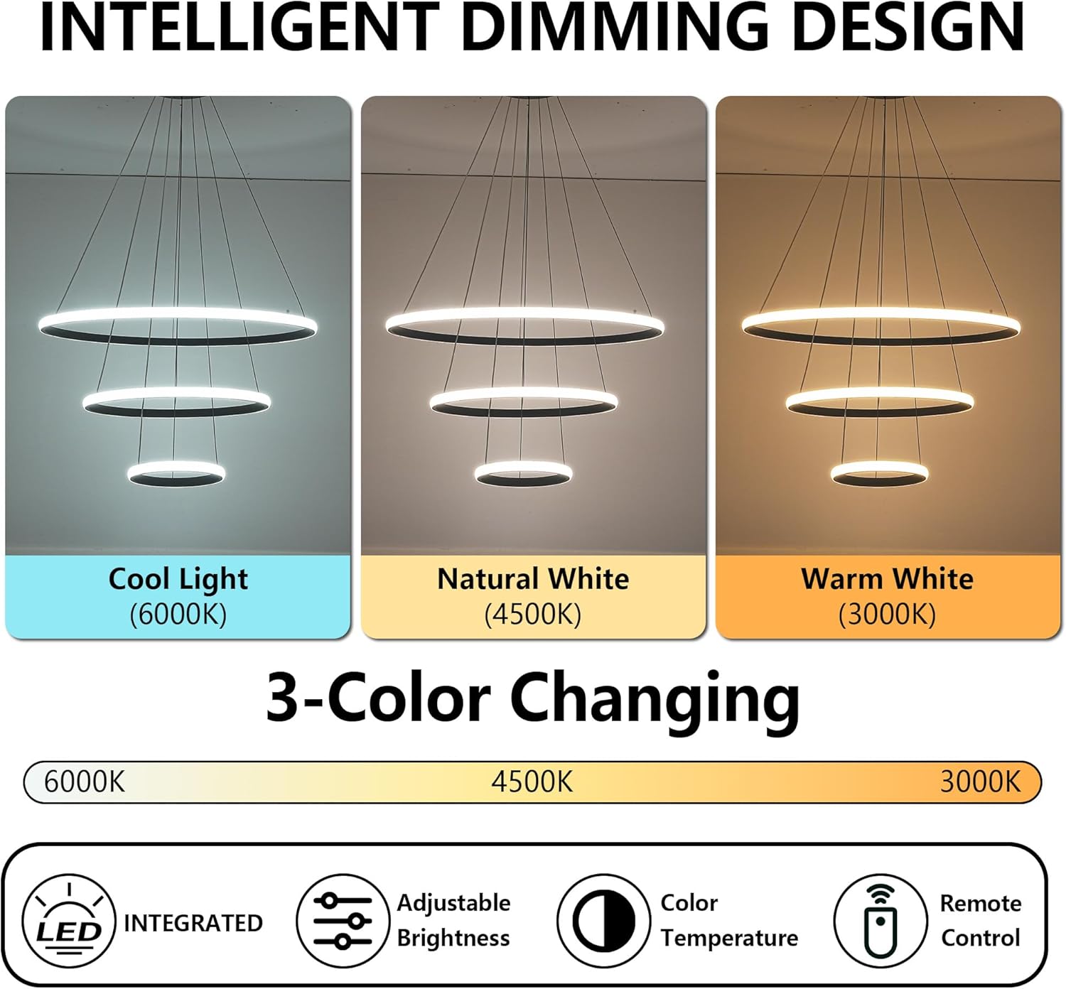 Black 3-Ring LED Pendant Light, Dimmable Modern Chandelier, Adjustable LED Island Lighting for Kitchen Island, Dining Room, Foyer, High Ceiling Spaces