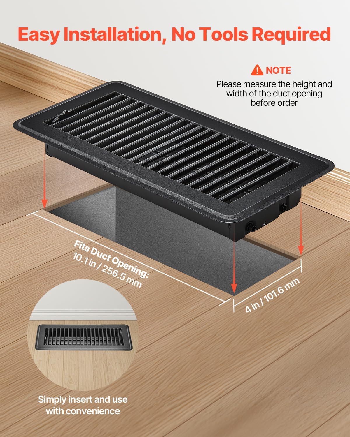 VEVOR 4 x 10 Inch Floor Registers, 12-Pack Vent Grilles, HAVC Heavy-Duty Walkable Iron Floor Vents, Easily Adjustable Rust-Proof Air Vents Deflector with Metal Damper, Ideal for Home & Office, Black