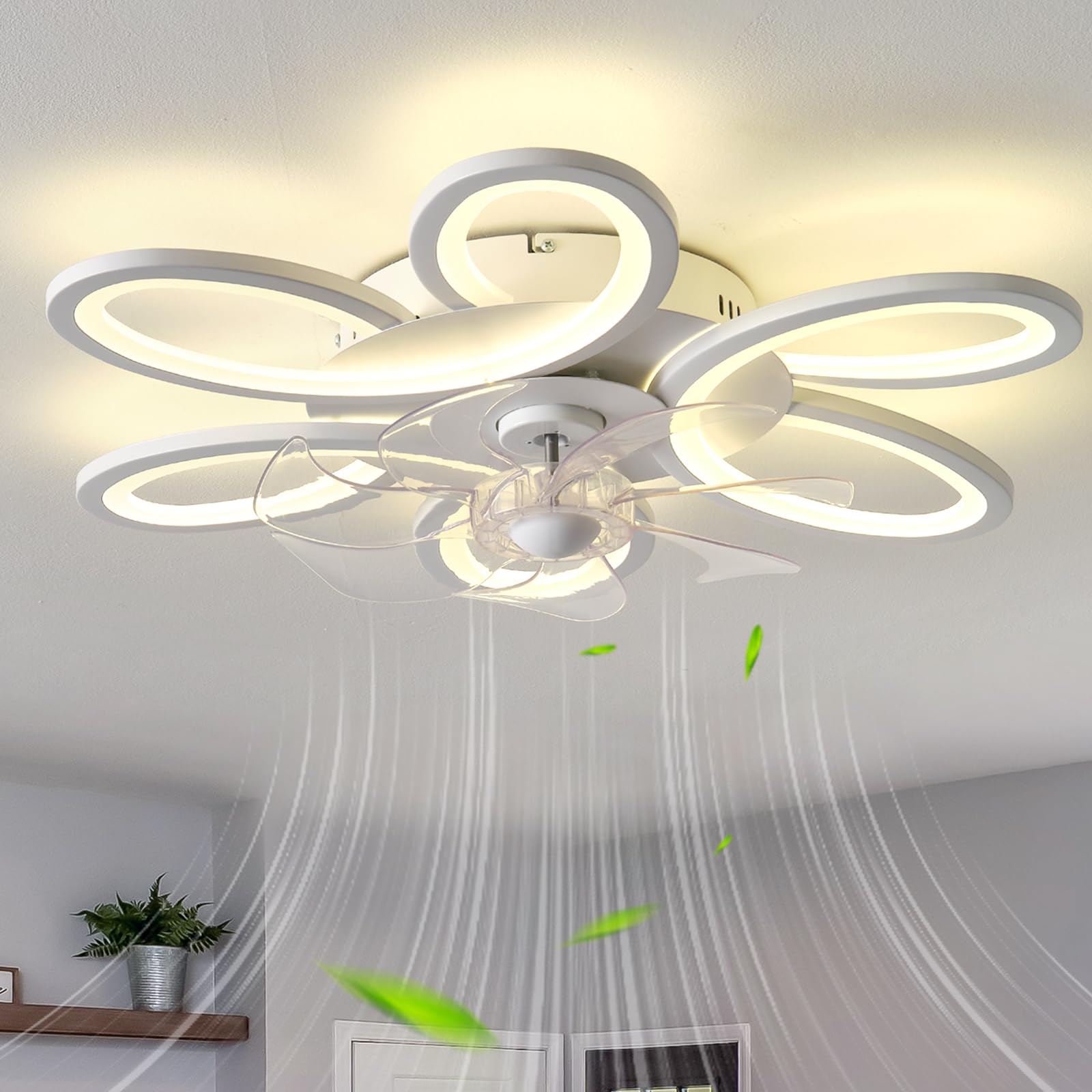 QINGYING Flor Ceiling Fan with Light and Remote Control, Dimmable Silent LED Ceiling Fan with Light 6 Speeds DC Memory Function for Bedroom Living Room, White