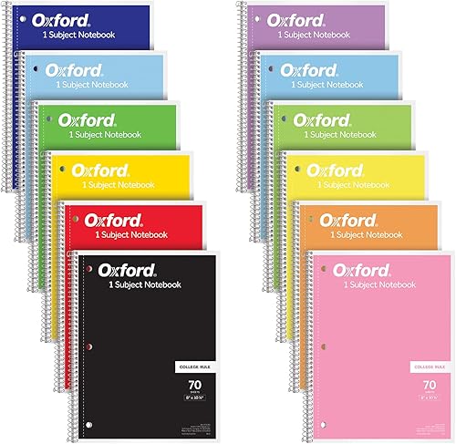 Oxford Paquete de 12 cuadernos en espiral, 1 materia, papel rayado universitario, 8 x 10-12 pulgadas, el surtido de colores puede variar, 70 hojas