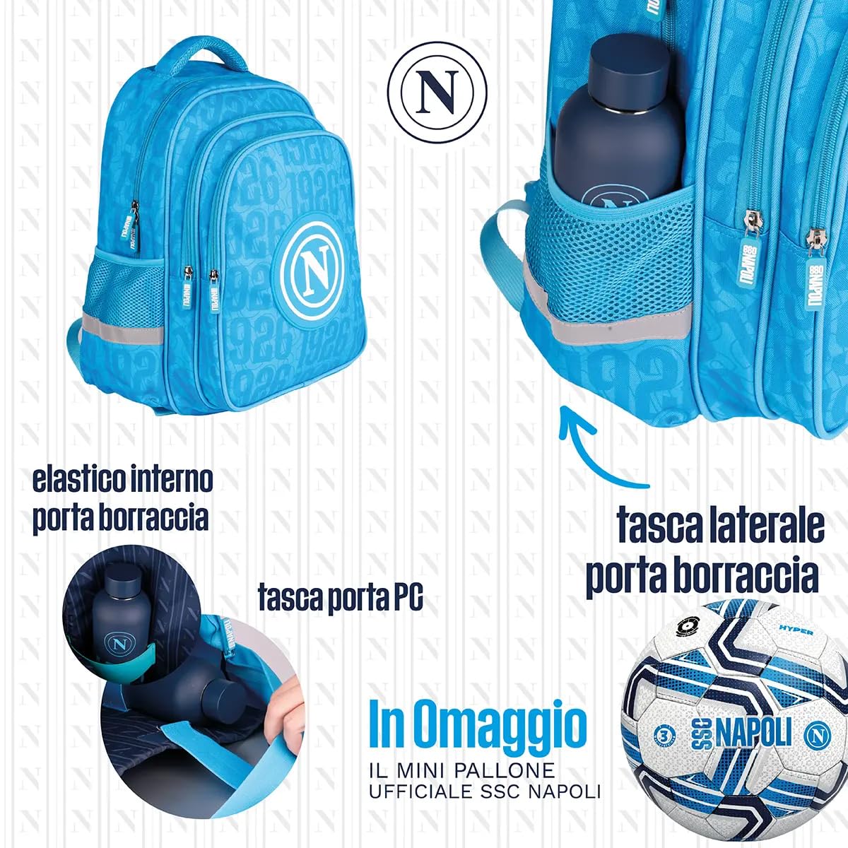 Colourbook Zaino Scuola Napoli Pallone Omaggio (Blu) | Quattro scomparti zip, Tasca interna computer, Spallacci imbottiti regolabili, Tessuto alta resistenza, Calcio originale